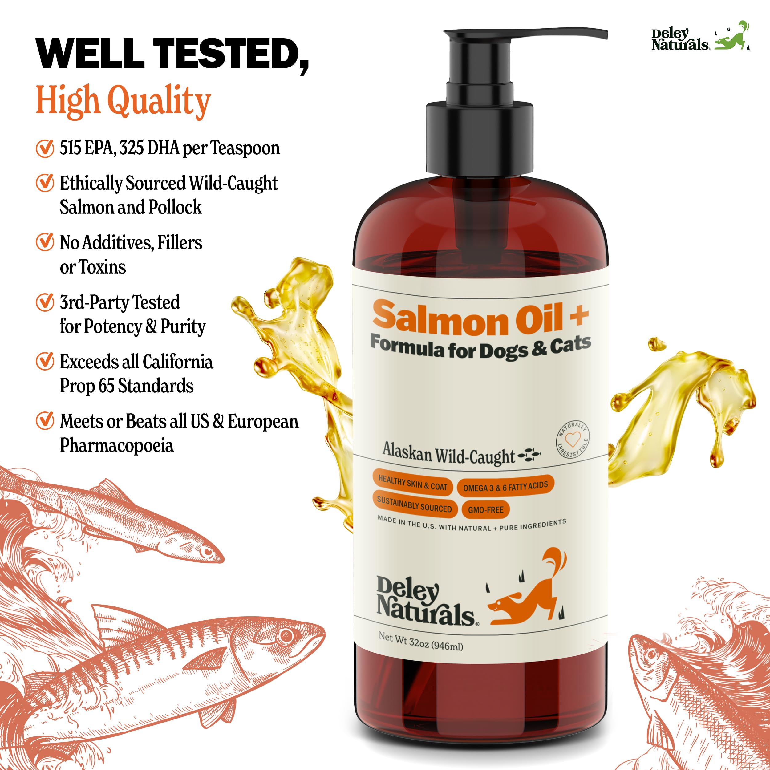 Deley Naturals Wild Alaskan Salmon Oil for Dogs & Cats - New and Improved Salmon Oil Plus Formula - Fish Oil for Dogs with Omega 3, DHA and EPA - Omega 3 for Healthy Skin and Coat - 32oz Made in USA Deley Naturals buy supplements canada