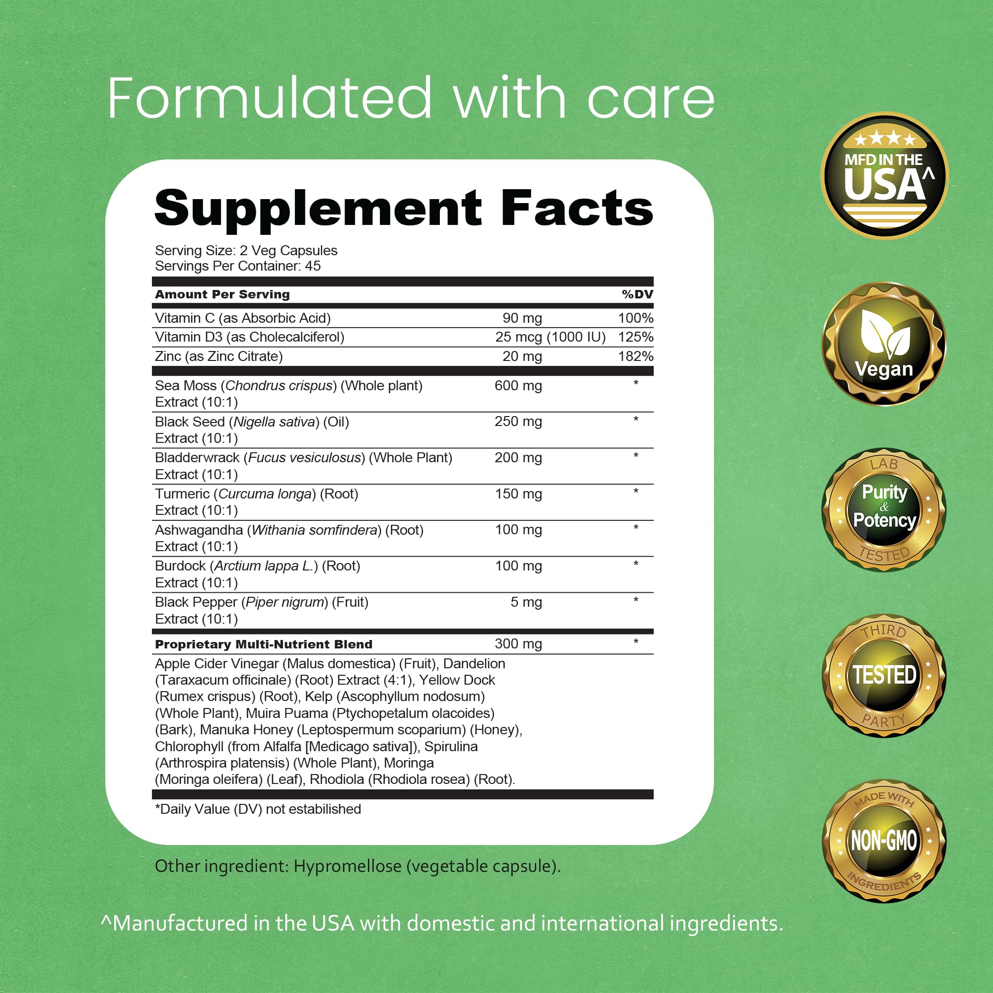 Sea Moss, Black Seed Oil, Bladderwrack, Turmeric, Ashwagandha, Burdock, Vitamin C, D3, Yellow Dock Root, Manuka, Dandelion - 90 Veggie caps NaturaLife Labs buy supplements canada