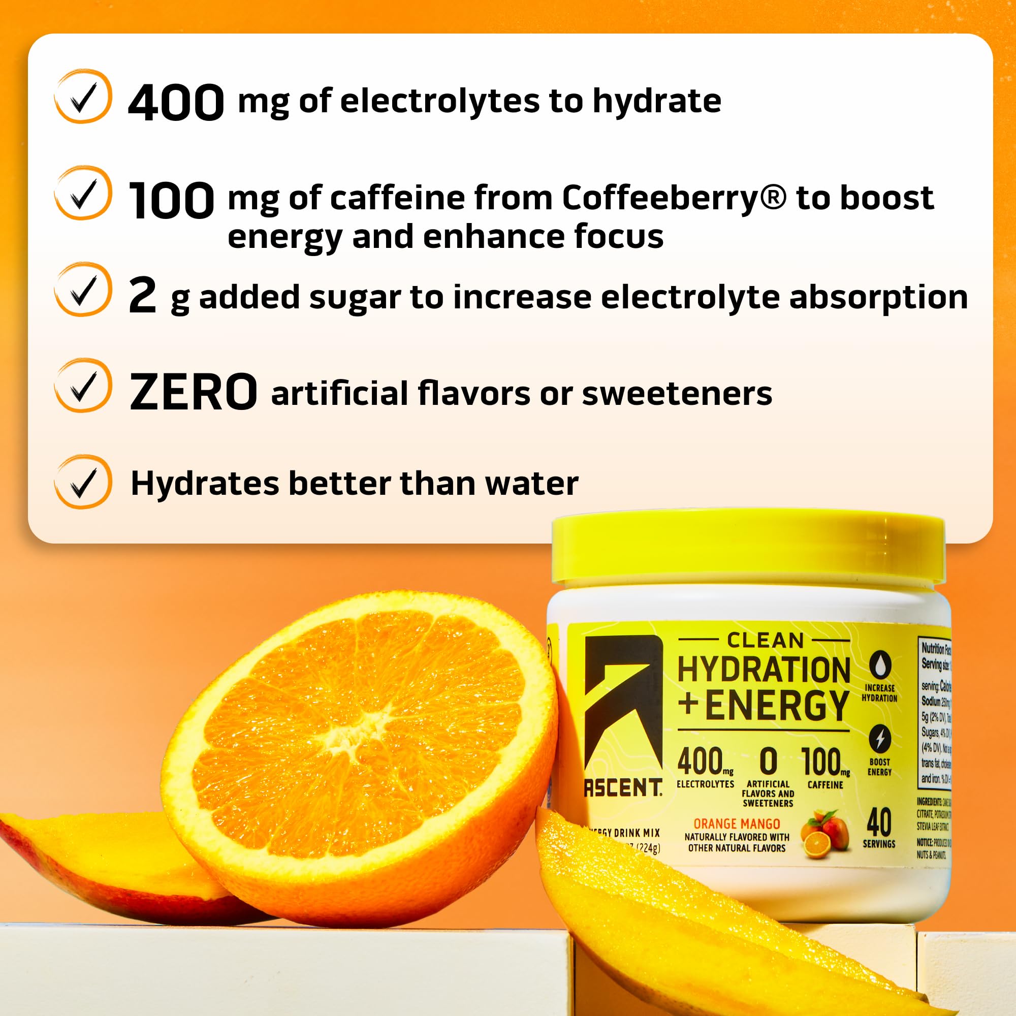 Ascent Clean Hydration + Energy Electrolytes Powder - 100mg Caffeine, 400mg Electrolytes, No Artificial Ingredients, Orange Mango 40 Servings Ascent buy supplements canada