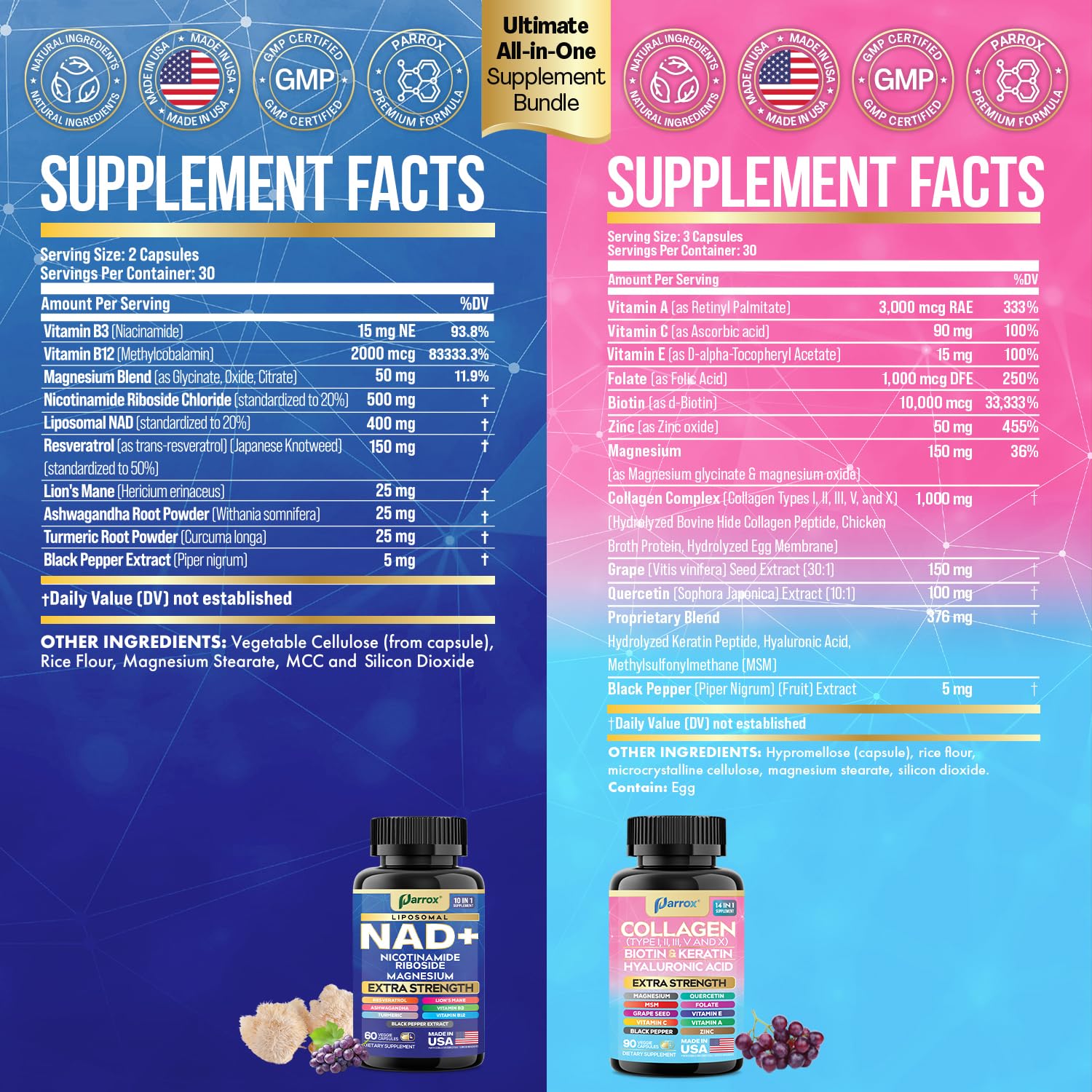 Parrox Forever Young Set with Liposomal NAD, Nicotinamide Riboside, Magnesium, Resveratrol, Lion's Mane, Collagen Peptides Types I, II, III, V and X, Biotin & Keratin, Hyaluronic Acid, Zinc, Quercetin Parrox buy supplements canada