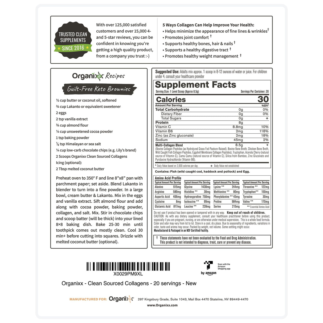 Organixx Clean Sourced Collagen Peptides Powder with Vitamin C, Types I, II, III, V, X Hydrolyzed Collagen, Hair, Nail, Skin, Bone & Joint Health, Aging Support, Gluten Free, Unflavored, 20 Servings Organixx buy supplements canada