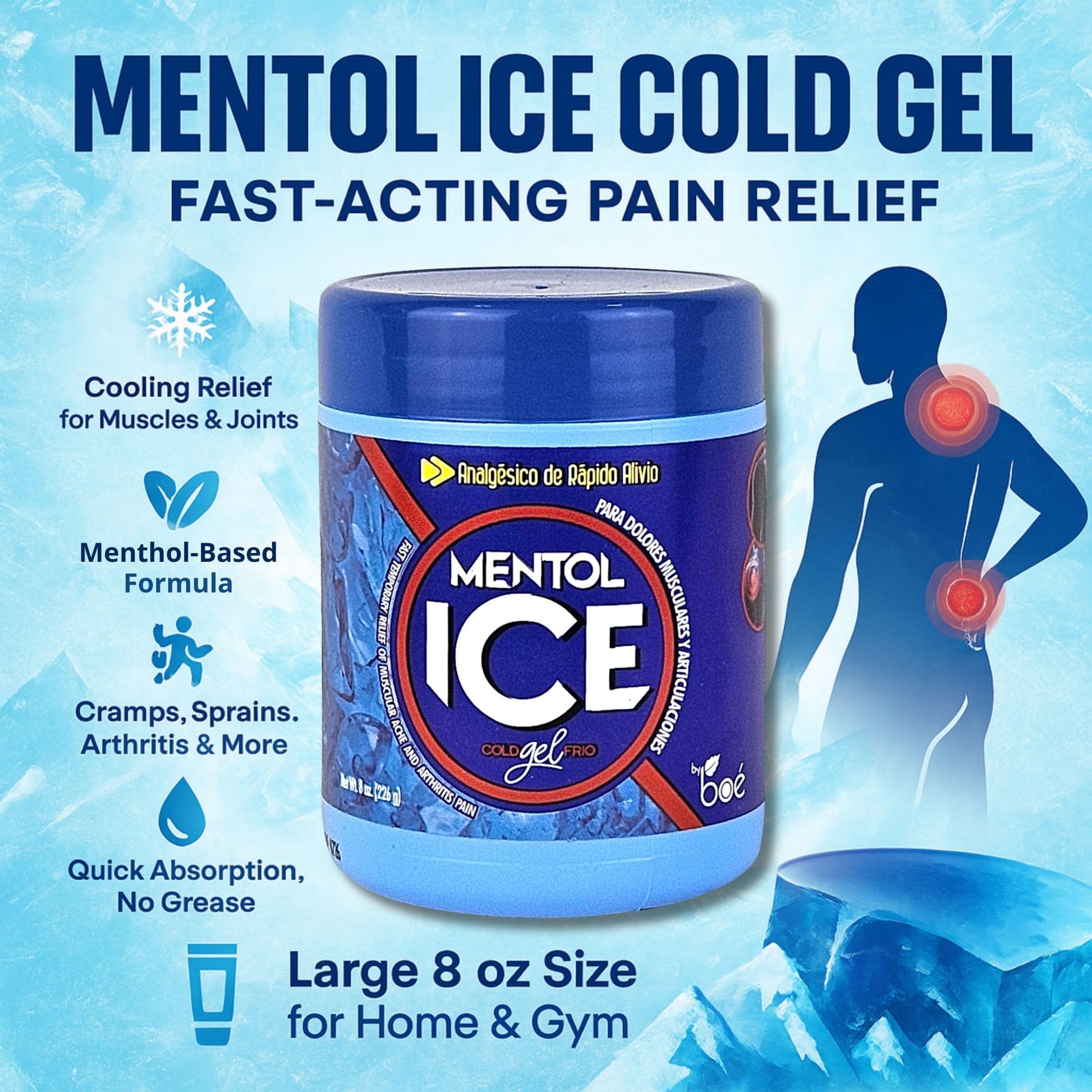 Mentol Ice Cold Gel – 8 oz Pain Relief Gel for Muscles & Joints – Fast-Acting Analgesic for Arthritis, Back Pain, Cramps, Sprains & Headaches – Non-Greasy & Quick Absorption BOÉ COSMETICS buy supplements canada