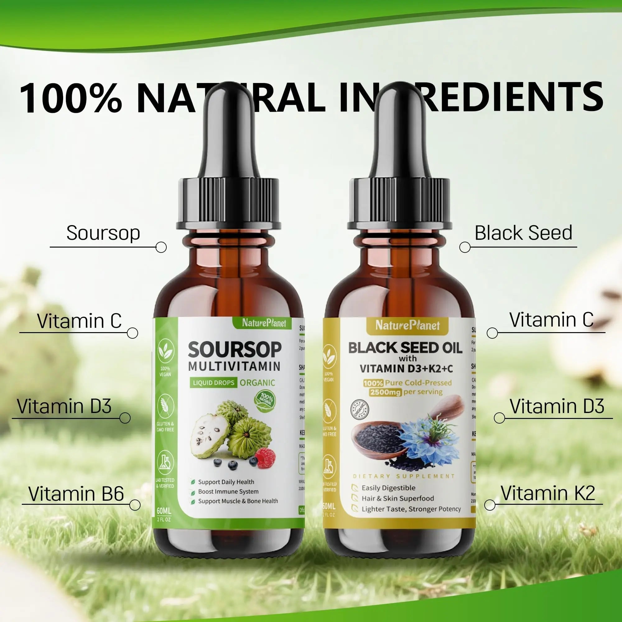 NaturePlanet Organic Soursop Bitters and Black Seed Oil Drops Bundles with Vitamins D3, K2, B6, C | NaturePlanet buy supplements canada