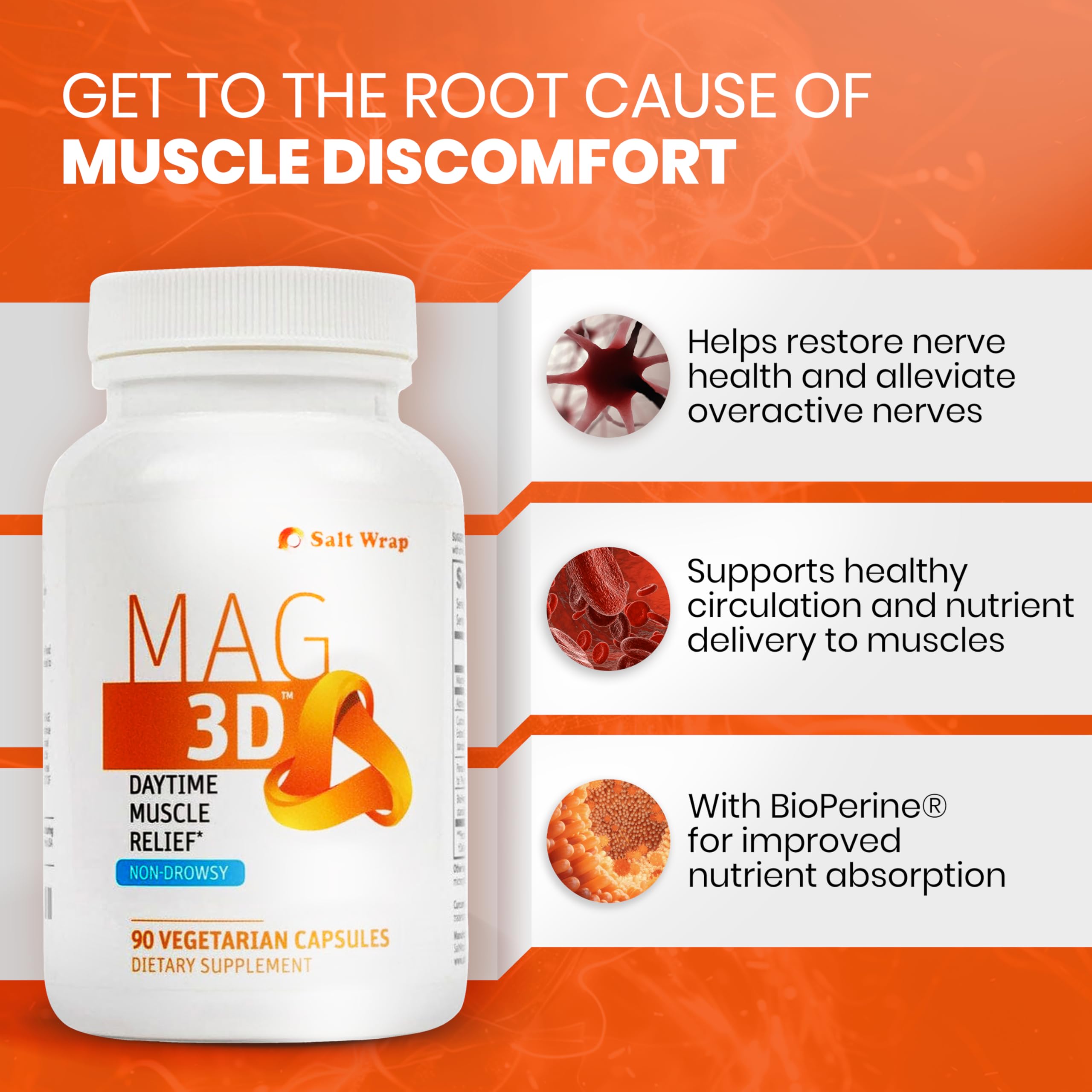 SaltWrap Mag 3D – Daytime (Non-Drowsy) Leg Cramp & Muscle Relief Support - Natural Supplement for Muscle and Nerve Health with Turmeric, Alpha Lipoic Acid & Magnesium SaltWrap buy supplements canada