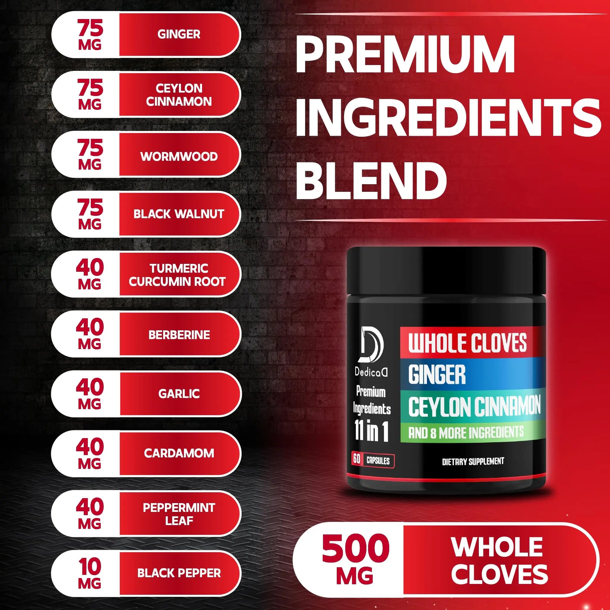 DEDICAD 11in1 Cloves Supplement with Ginger, Ceylon Cinnamon and 8 Other More - Digestive, Immune System, Mood Support - 60 Capsules - 30 Days Supply DEDICAD buy supplements canada