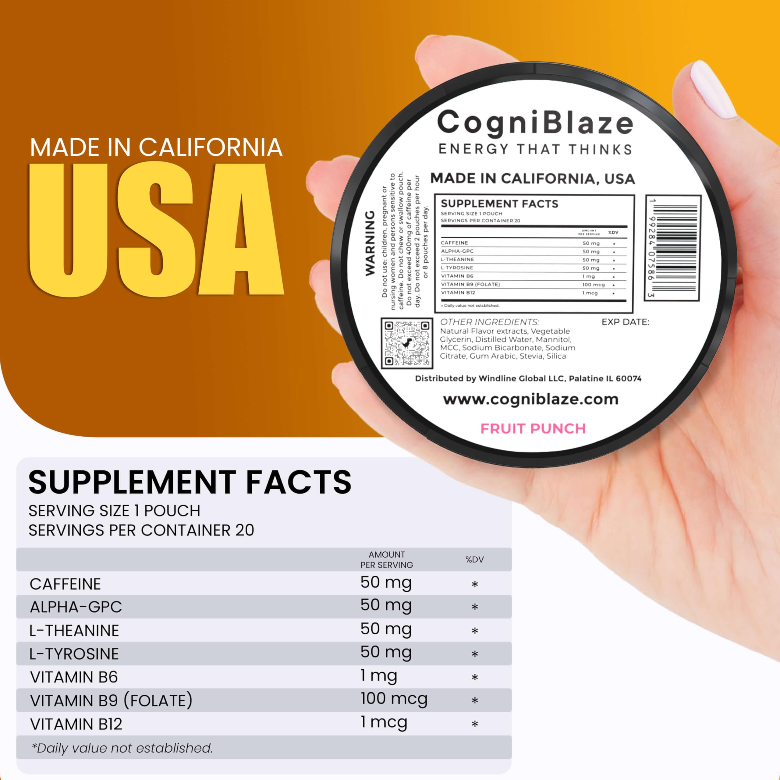 CogniBlaze Caffeine Pouches (Fruit Punch) | Nootropic Energy Pouches with 50mg Caffeine, Alpha GPC, L-Tyrosine & L-Theanine | Zero Sugar | No Artificial Sweeteners | 4 Pack (80 Total) CogniBlaze buy supplements canada