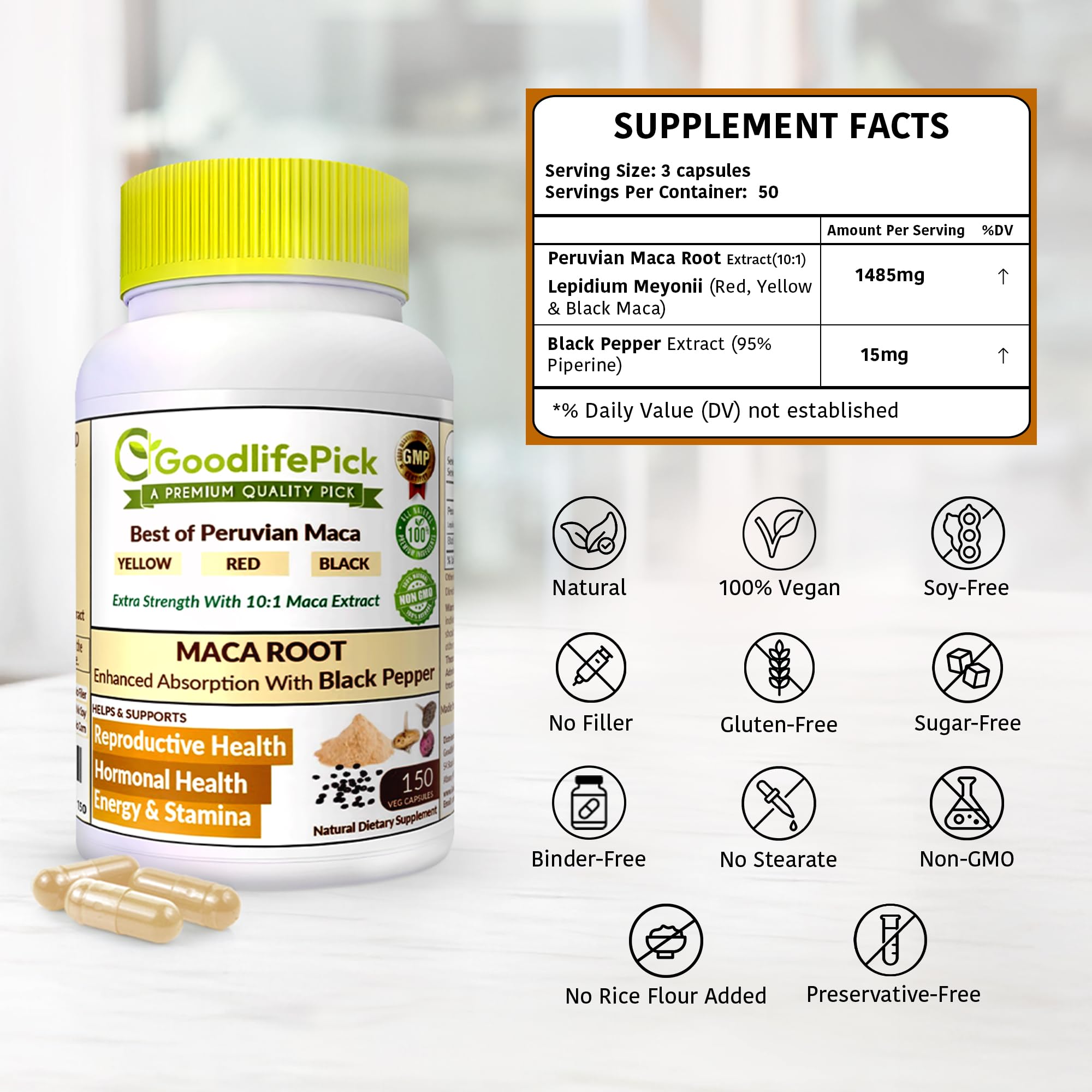 Peruvian Maca Root Capsules 150 ct. Powerful Maca Blend of Yellow Red & Black Maca Root with Black Pepper. All Natural NonGMO Vegan No Stearate No Rice Powder No Silica No Filler GoodlifePick buy supplements canada