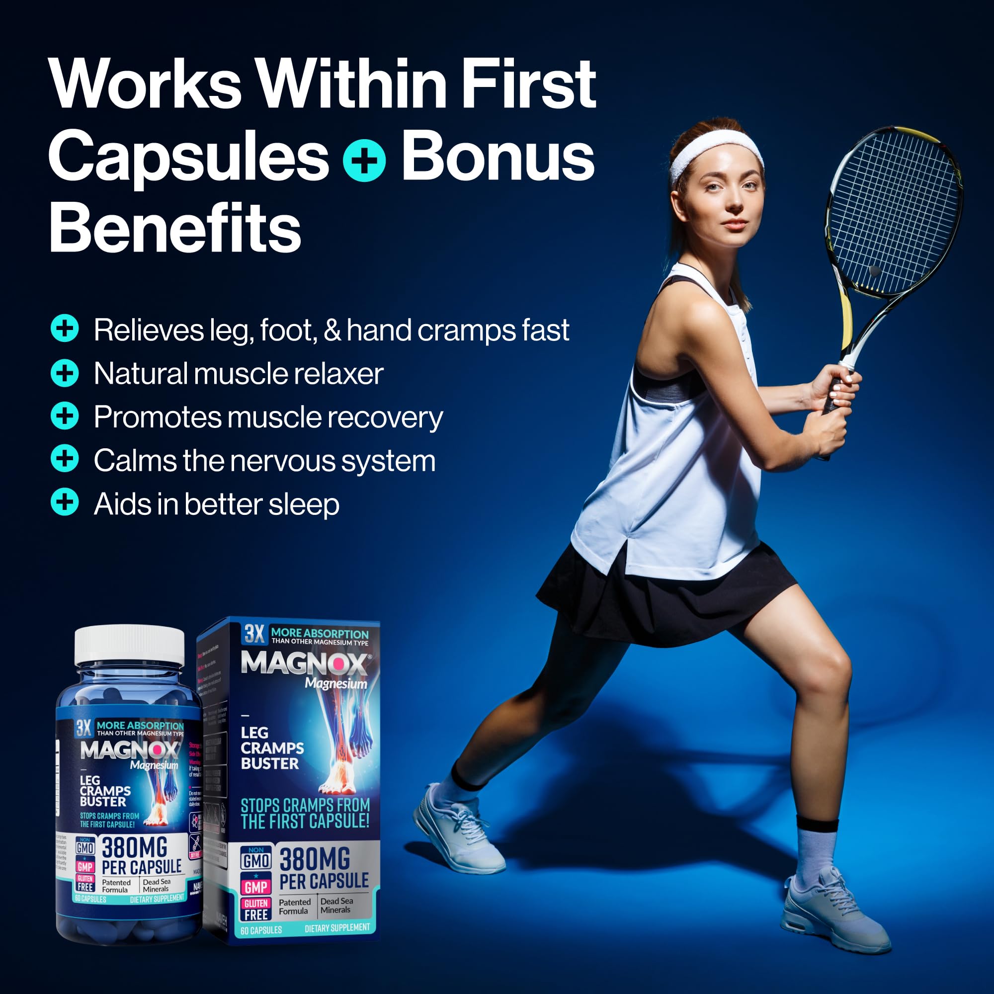 MAGNOX® Buster | Patented Clinically Tested 380mg Magnesium Supplement for Spasms & Leg Cramps at Night | One Capsule a Day for Almost Full Dosage | 3X More Absorption | Dead Sea Minerals (60 Caps) MAGNOX buy supplements canada
