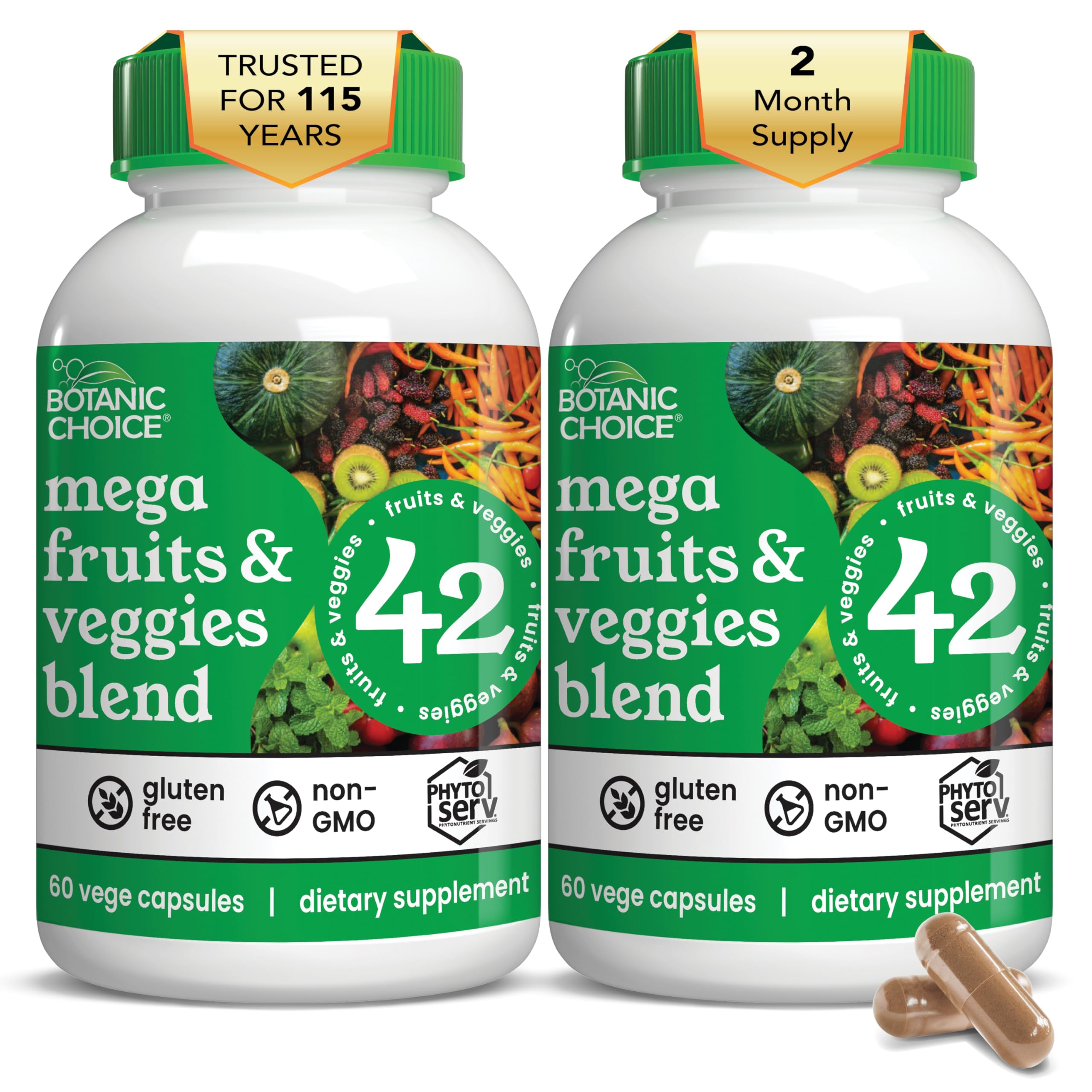 Botanic Choice Since 1910 - Mega Fruits & Veggies Blend - 42 Fruits and Vegetables - 2 Caps Daily - 60 Count Supplement - 2 Pack Botanic Choice buy supplements canada