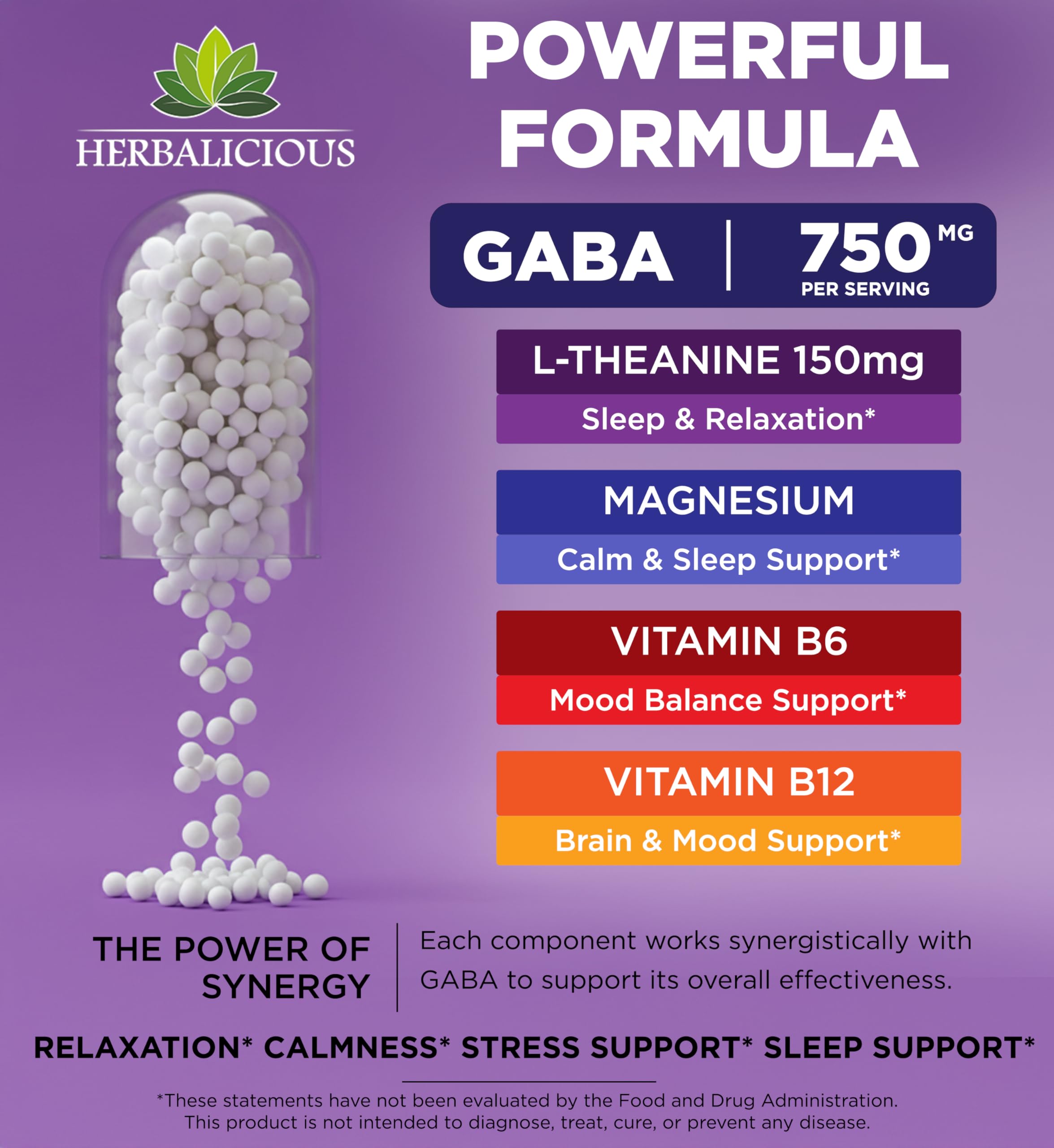 HERBALICIOUS GABA L-Theanine with Magnesium – Calm & Focus Support, Stress Relief, Relaxation + Mood Balance, Brain & Memory Support Supplement – Vitamin B6 + B12 Complex – 120 Capsules HERBALICIOUS buy supplements canada