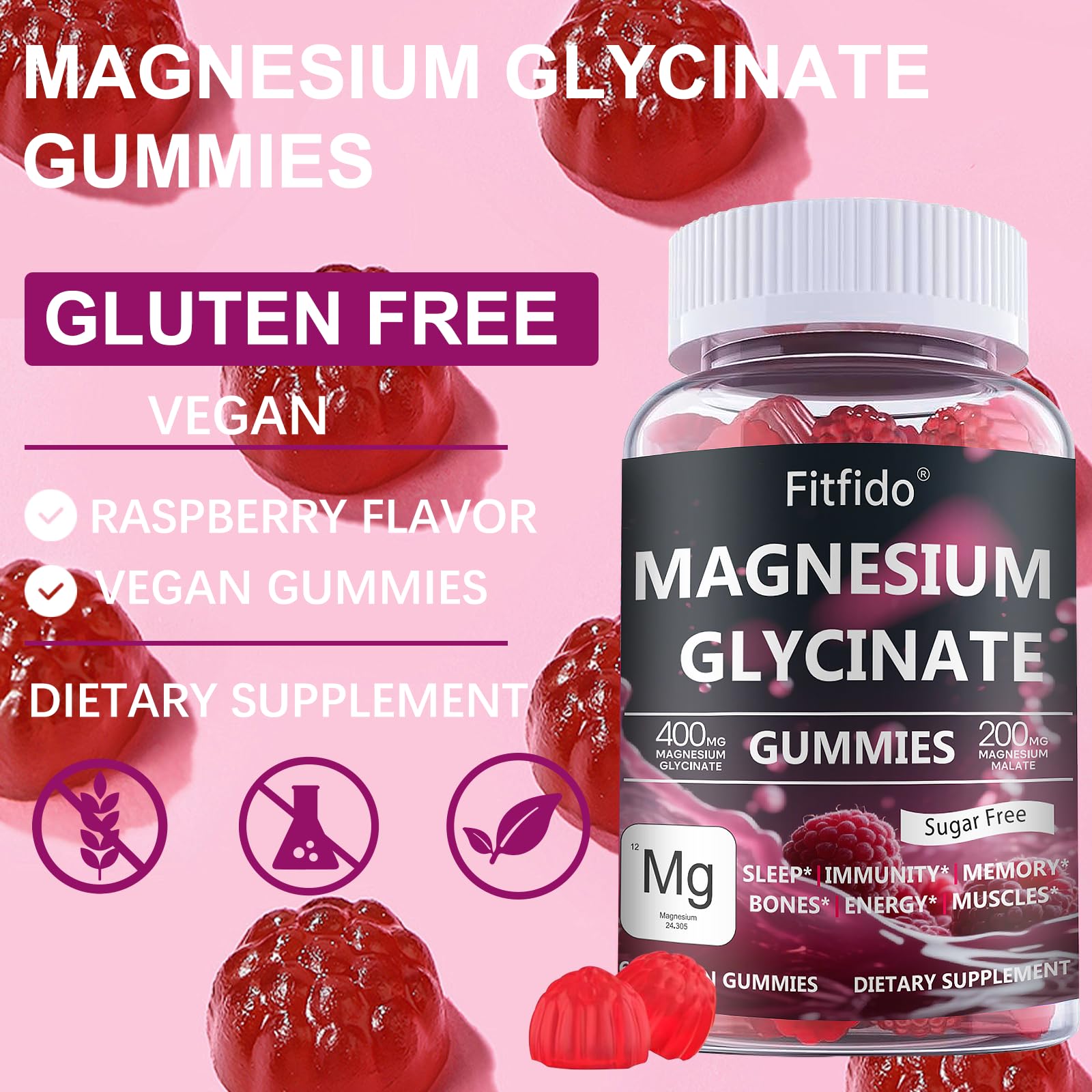 Magnesium Glycinate Gummies 400mg, Chewable Sugar Free Magnesium Supplement with Magnesium Glycinate, Magnesium Malate and Protein for Sleep, Relaxation, Brain & Muscle - Vegan (60 Count, Raspberry) Fitfido buy supplements canada