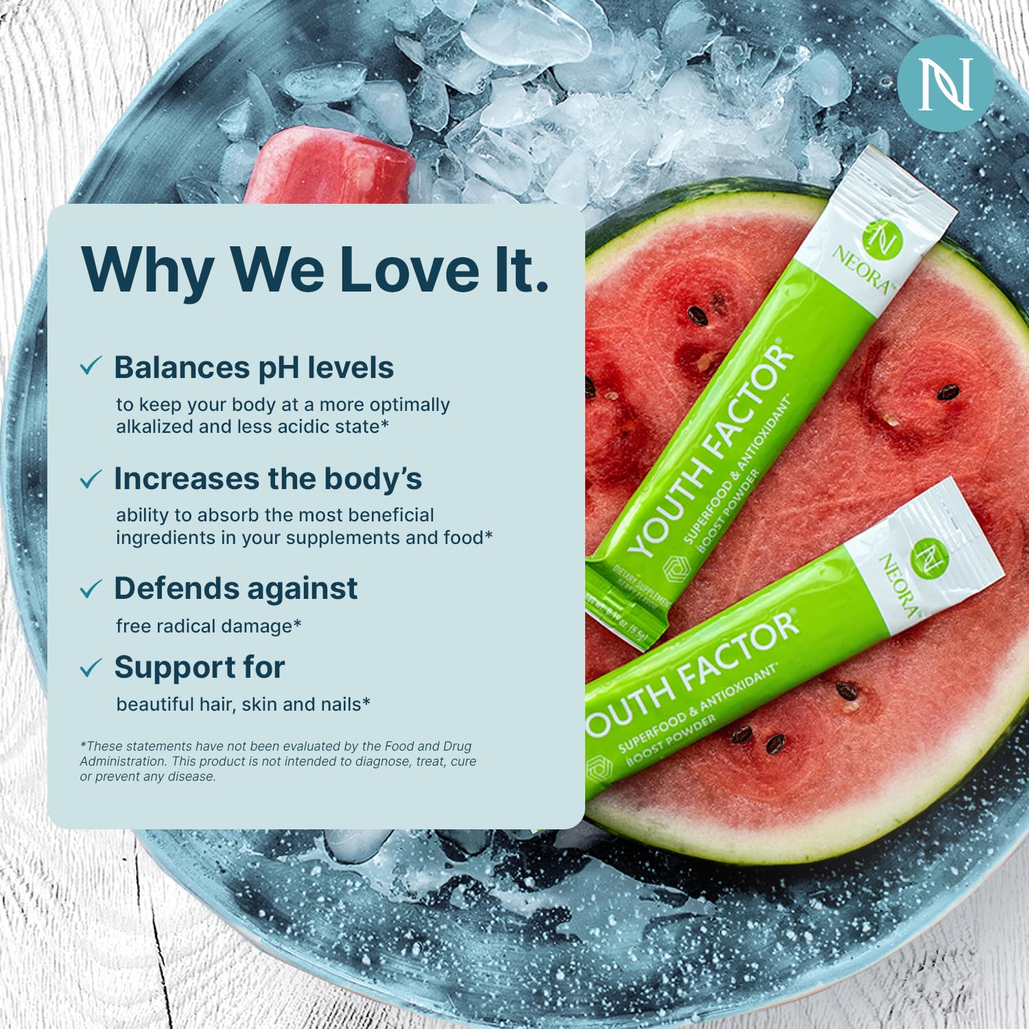 NEORA Youth Factor - Superfood Boost Powder - pH Balance, Hair Skin Nails Support, Fruits & Veggies Equivalent, Nutrient Absorption - 30 Packets NEORA buy supplements canada