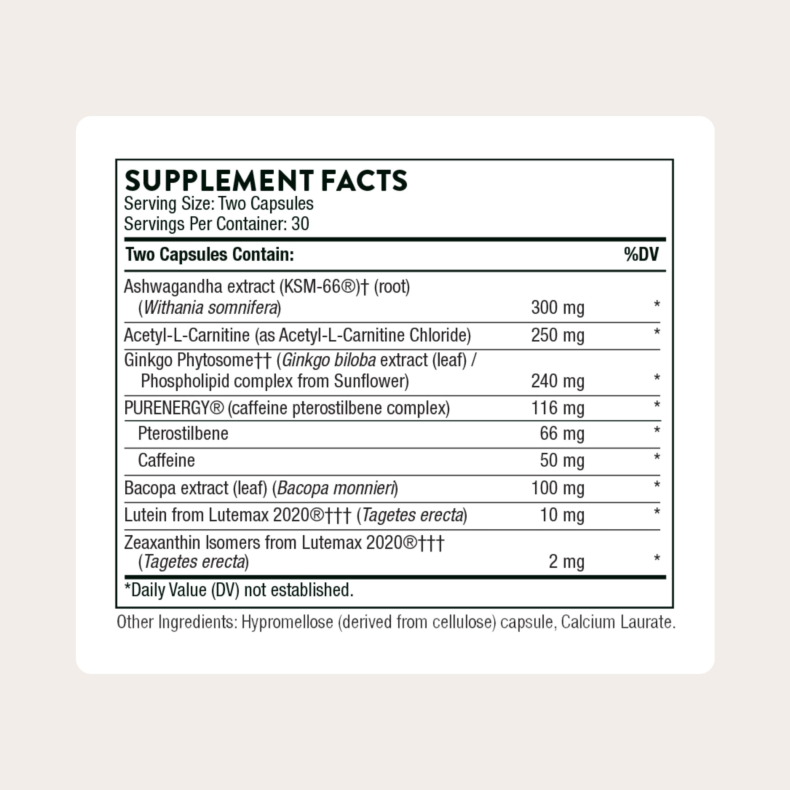 THORNE - Memoractiv - Nootropic Brain Supplement for Focus, Creativity, and Concentration - Ashwagandha, Ginkgo, Lutemax, Bacopa, Pterostilbene - Gluten-Free, Dairy-Free* - 60 Capsules - 30 Servings THORNE buy supplements canada