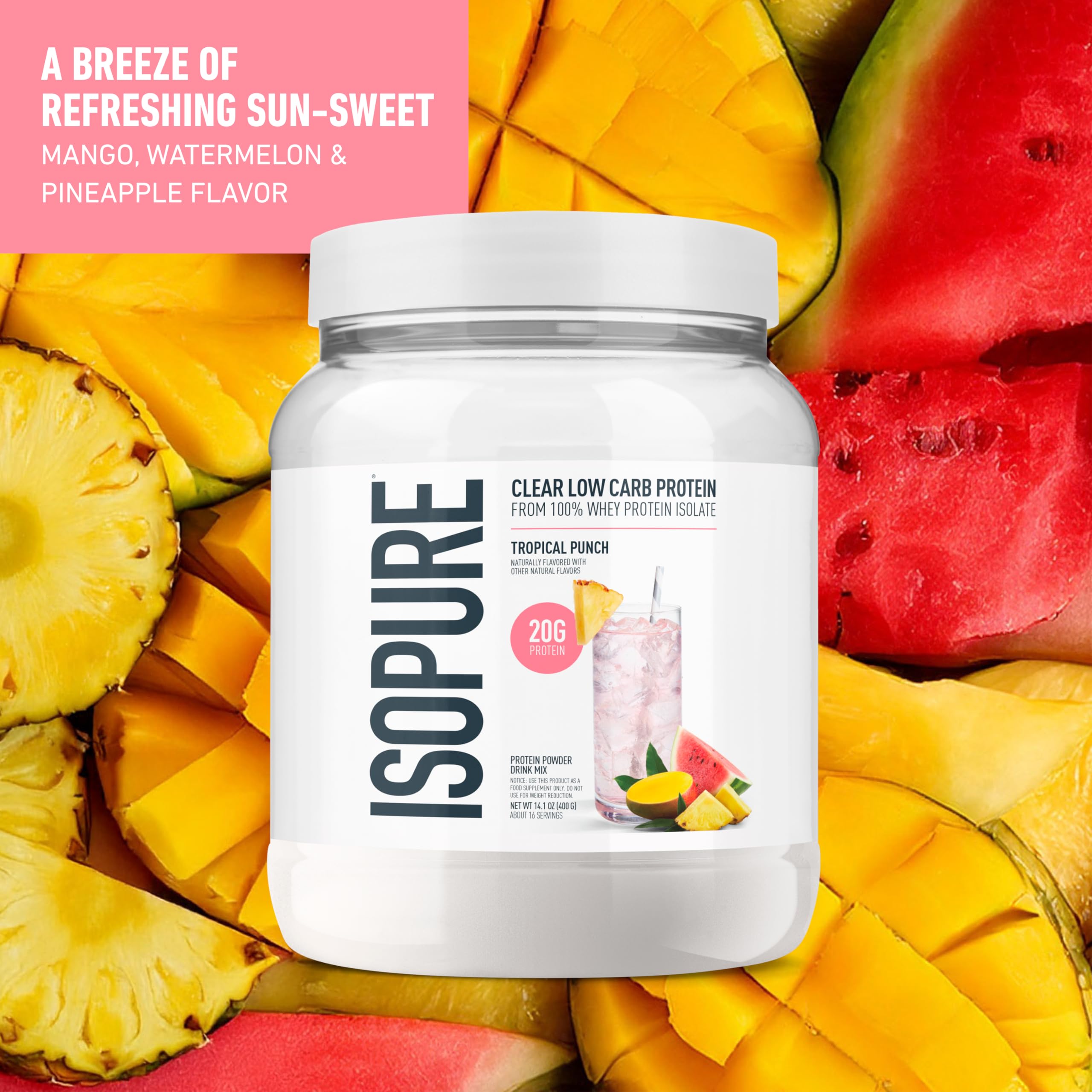 Isopure Clear Whey Isolate Protein Powder, Lactose Free, Gluten Free, Naturally Flavored, Tropical Punch, 20g Protein Per Serving, 14.1 Oz, 16 Servings (Packaging May Vary) Isopure buy supplements canada
