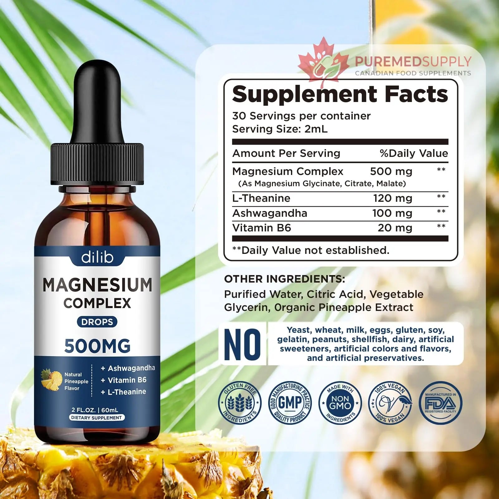 Triple Magnesium Complex Supplement-Magnesium Glycinate, Citrate, Malate Liquid Drops 500mg with Ashwagandha, L-Theanine, Vitamin B6 for Calm, Stress Relief, Sleep, Muscle Support-Pineapple Flavor dilib buy supplements canada