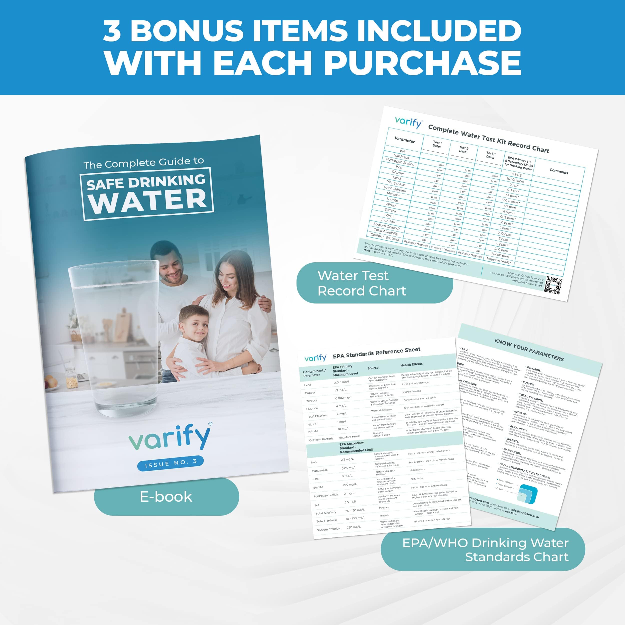 Varify 17in1 Complete Drinking Water Test Kit - 100 Strips + 2 Bacteria Tester Kits - Well, Tap, Home, City Water Testing Strip for Lead, Alkaline, Chlorine, Hardness, Iron, Fluoride, Copper & More VARIFY buy supplements canada