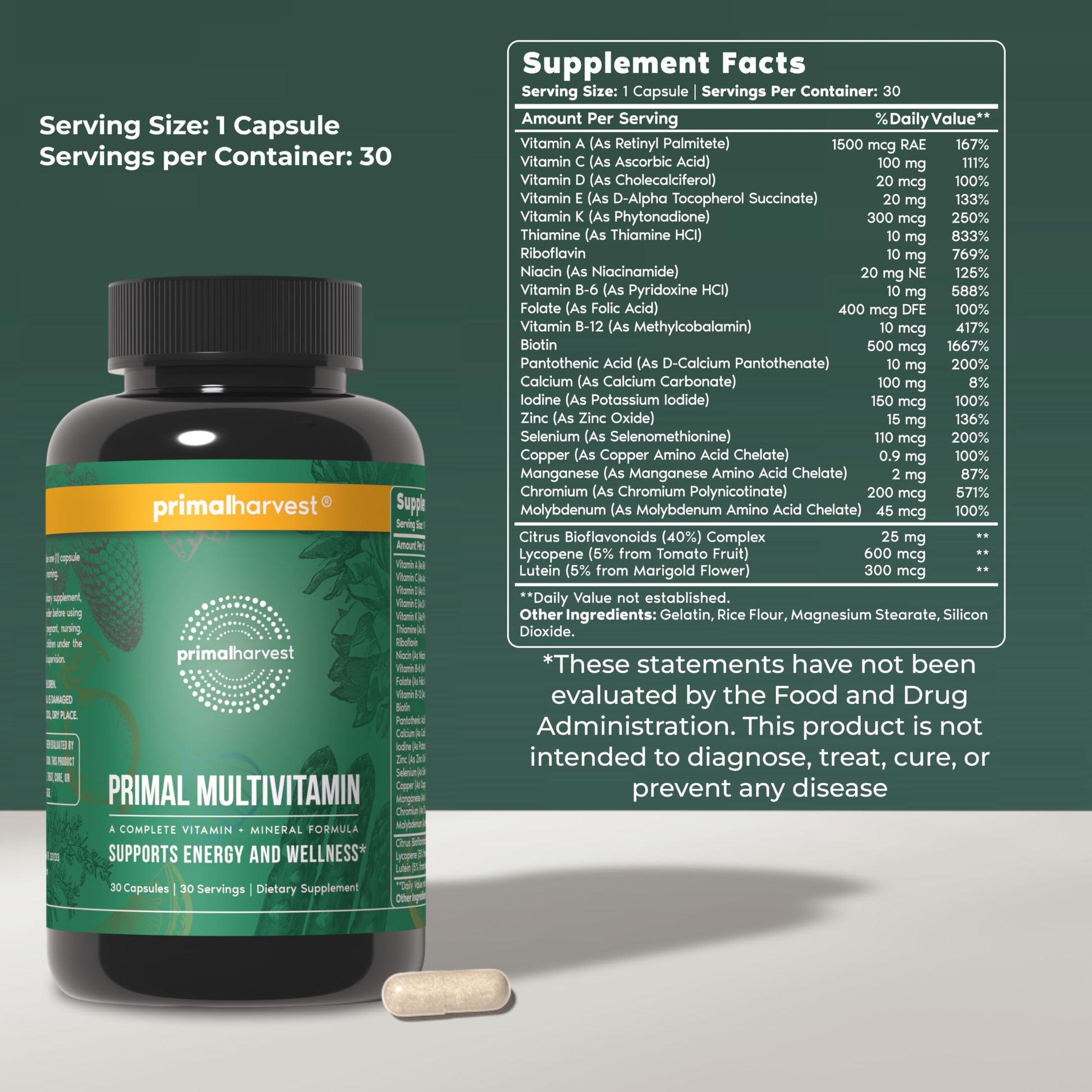 Primal Harvest Primal Multivitamin - Daily Multi-Vitamin Supplement with 21 Essential Vitamins & Minerals for Women & Men - Vitamin A, C, D, E, B12, B6 Primal Harvest buy supplements canada