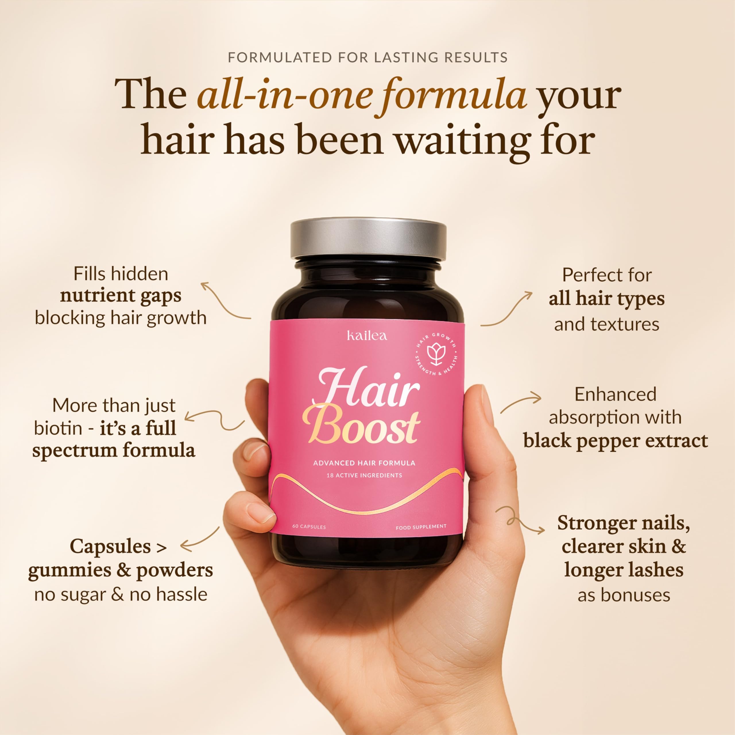 18-in-1 Hair Growth Supplement | Collagen, Hyaluronic Acid, Nettle, Silica, Biotin, Grape Seed Extract, Bamboo | Stronger, Thicker, Longer Hair – Supports Hair Volume, Shine, Scalp & Nail Health kailea buy supplements canada