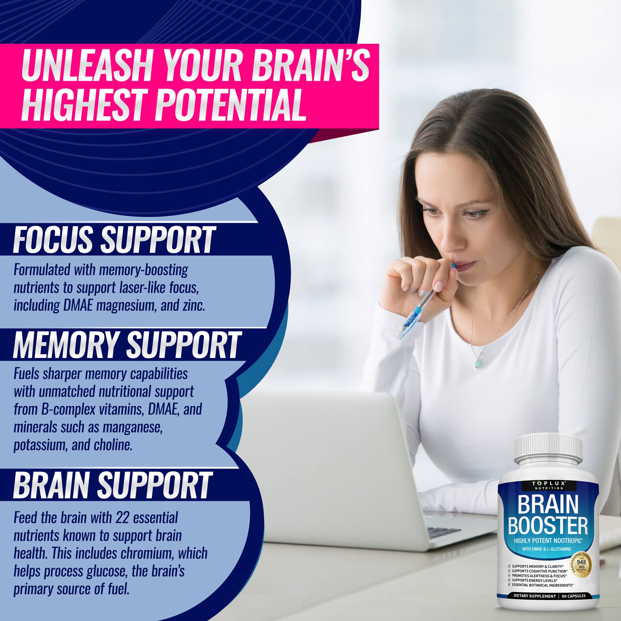 Toplux Brain Supplement Nootropic – Brain Pills Vitamin with DMAE, Bacopa Monnieri, L-Gutamine, for Men Women, 60 Capsules, Nutrition Toplux buy supplements canada