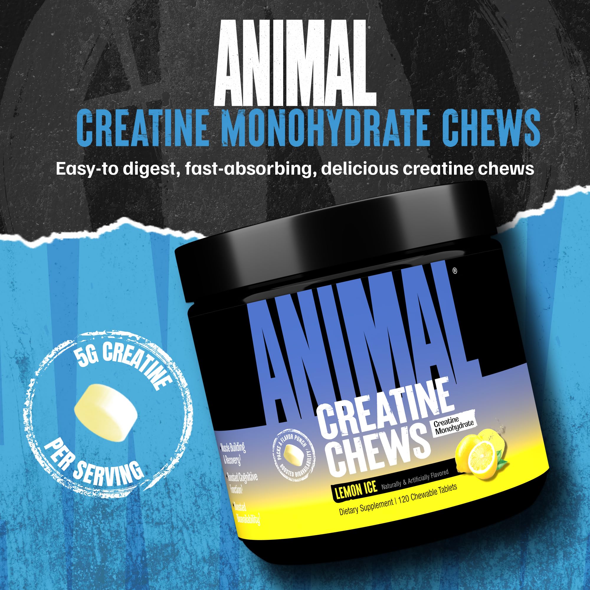 Animal Creatine Chews Tablets - Enhanced Creatine Monohydrate with AstraGin to Improve Absorption, Sea Salt for Added Pumps, Delicious and Convenient Chewable Tablets - Lemon Ice Animal buy supplements canada