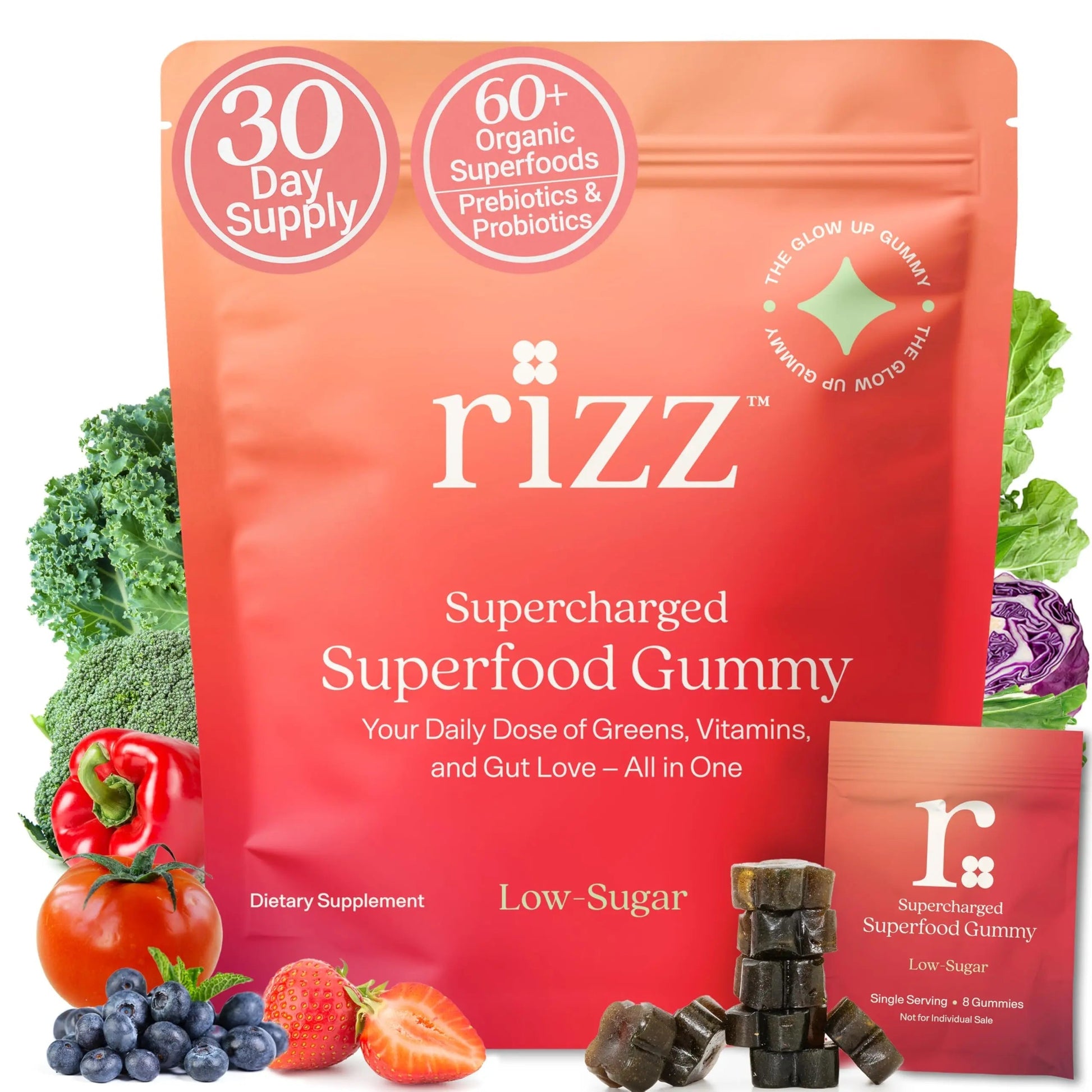 Rizz Low Sugar Green Gummies - 60+ Superfoods 6g Fiber - Prebiotic and Probiotic Gummies - Vegan Multivitamins for Women & Men Rizz buy supplements canada