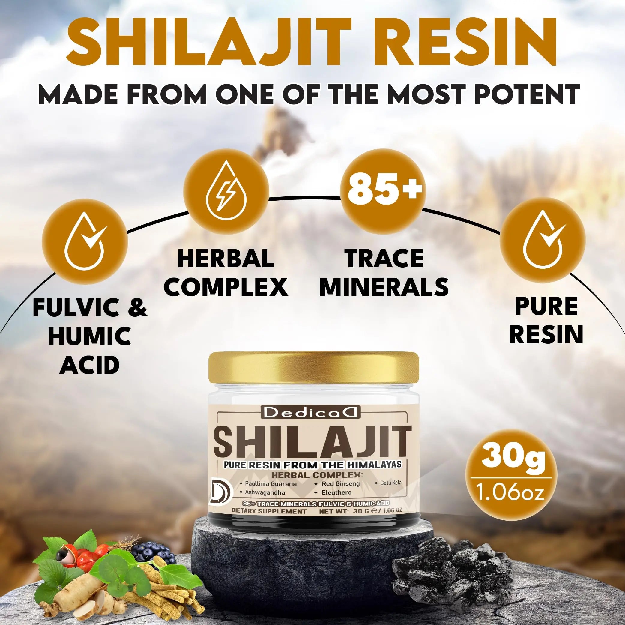 DEDICAD 30g Shilajit Resin with Herbal Complex - Paullinia Guarana, Gotu Kola Leaf & More - Shilajit Pure Himalayan Organic for Immune System, Energy Production, Brain Health & Stamina DEDICAD buy supplements canada