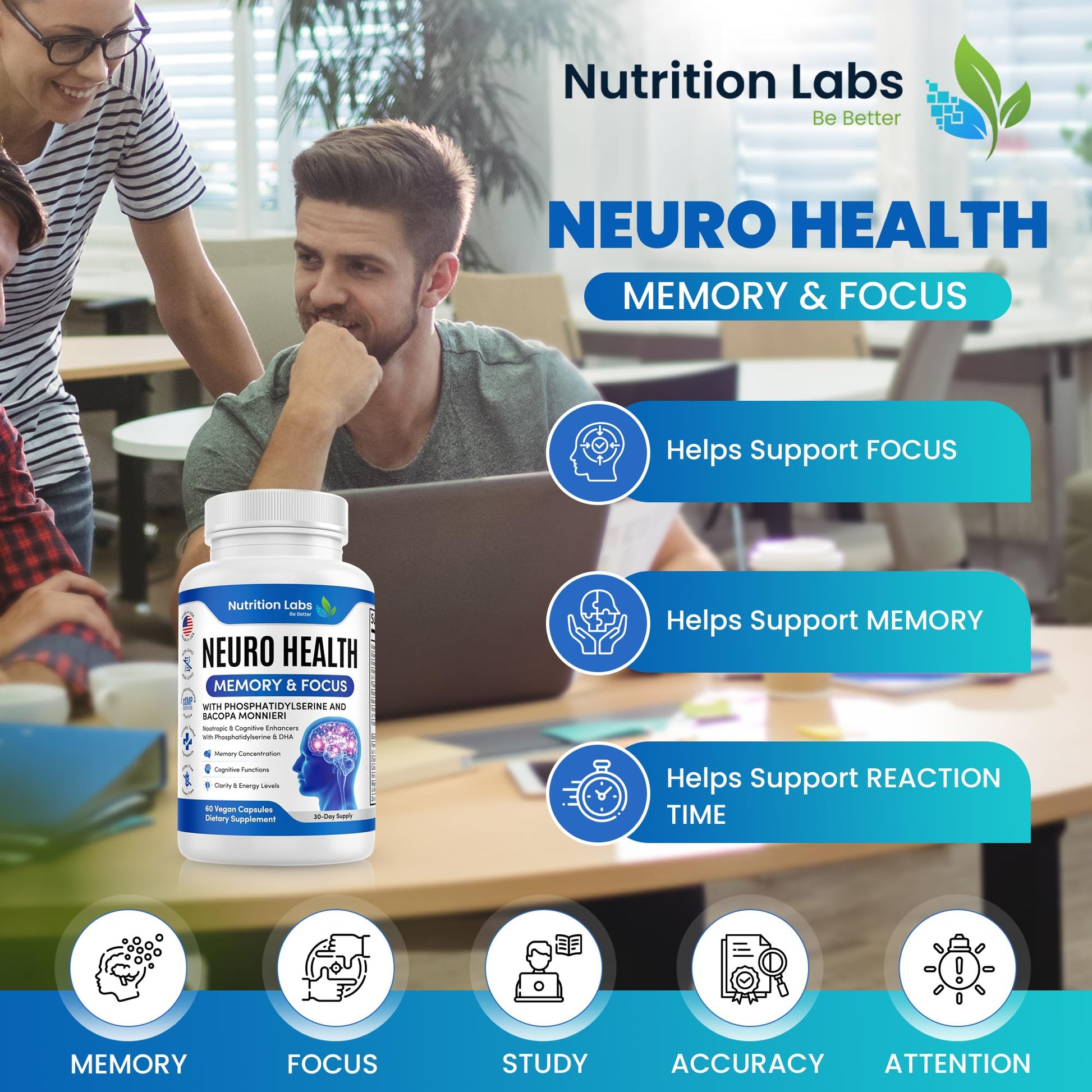 Nootropic & Neuro Brain Supplement for Memory & Focus Support. Clinically Tested Vitamins for Mental Support & Cognitive Clarity W/Bacopa Monnieri, VIT A, B6, Riboflavin, Niacin, Thiamin & Folate NUTRITION LABS BE BETTER buy supplements canada
