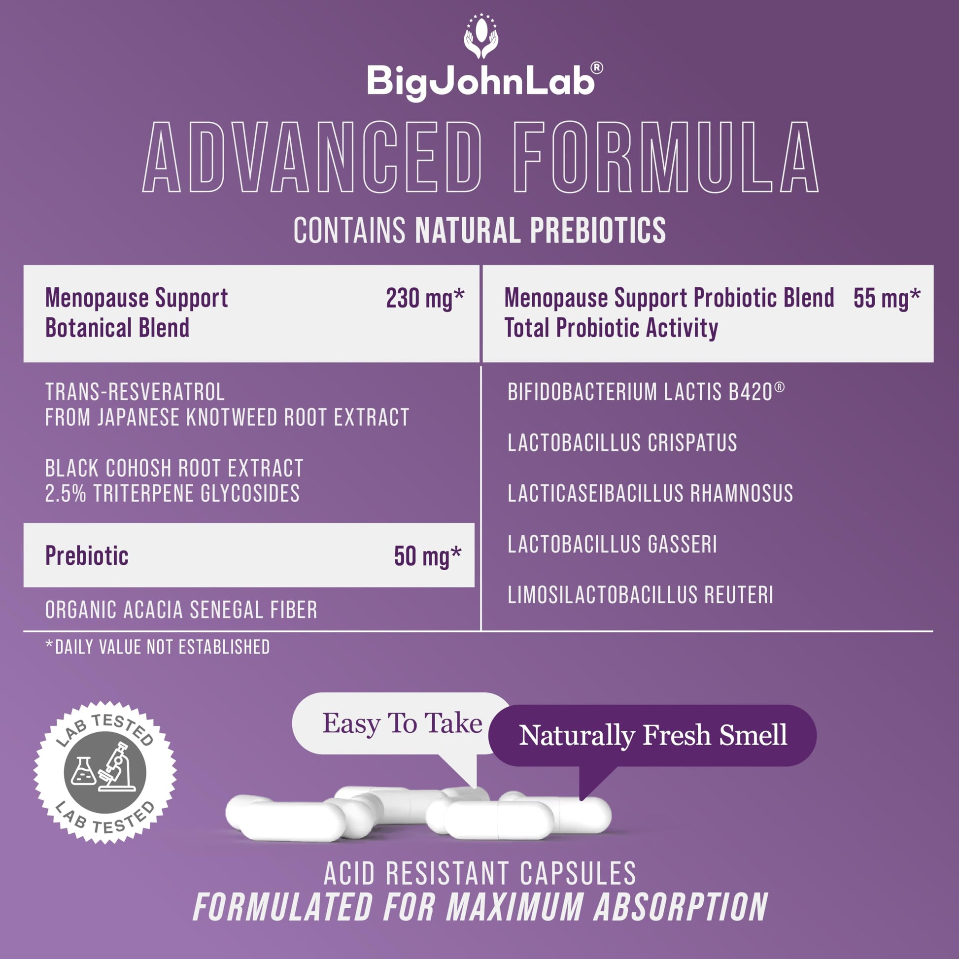 BIGJOHNLAB® - Menopause Total Support – Advanced Probiotic Formula with 5 Strains & 15 Billion CFU, Resveratrol, Black Cohosh, Acacia Fiber, Non-GMO & 100% Vegetarian BIGJOHNLAB buy supplements canada