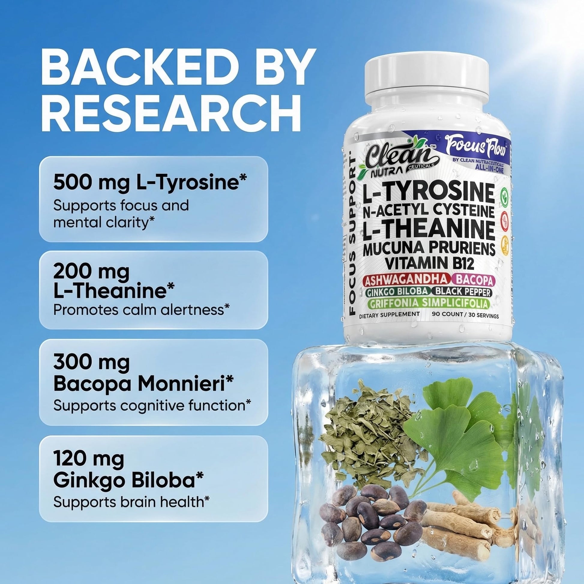Focus Flow L-Tyrosine Vitamin B C D L-Theanine Ashwagandha Ginkgo Biloba Vitamin B12 Thiamine Black Pepper N-Acetylcysteine Mucuna Pruriens 90 Count Capsules by Clean Nutra Clean Nutraceuticals buy supplements canada