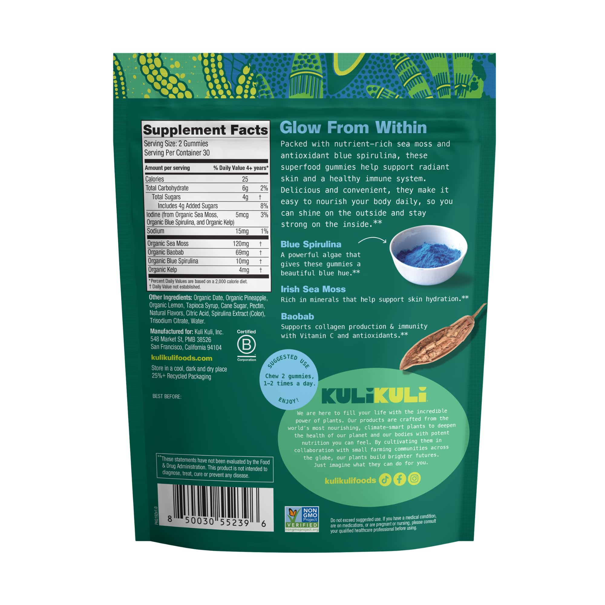 Kuli Kuli Sea Moss & Blue Spirulina Superfood Gummies - Pineapple Colada Flavor, 60 Count - Plant-Based Irish Sea Moss with Baobab & Vitamin C for Skin Glow, Immune Support & Collagen (1 Month Supply) Kuli Kuli buy supplements canada