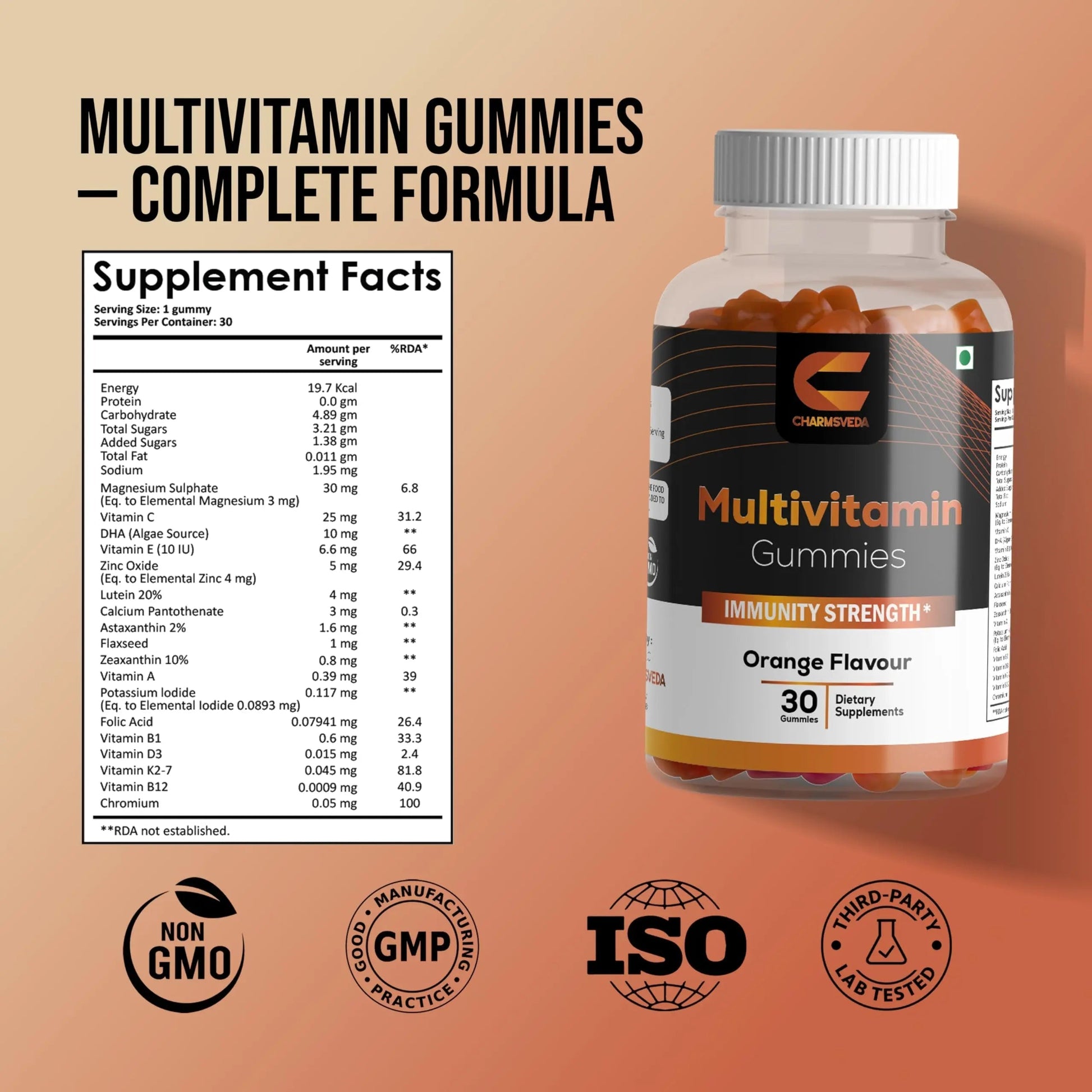 CHARMSVEDA Multivitamin Gummies – Energy, Immunity & Overall Wellness with DHA, Vitamin C, Zinc & Antioxidants – Orange Flavour – 30 Gummies CHARMSVEDA buy supplements canada