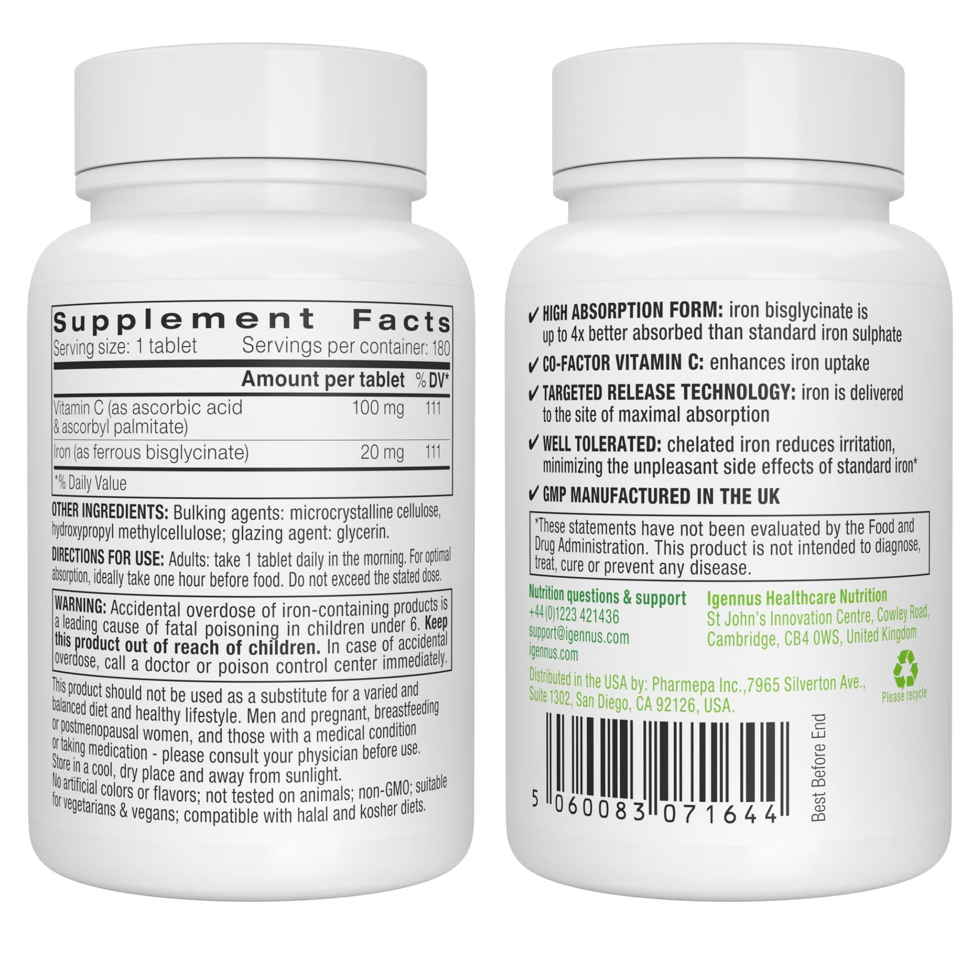 Igennus Clean Iron Bisglycinate 20mg, Vitamin C, 6 Month Supply, Gentle Chelated High Absorption Formula & Targeted Release Ferrous Bisglycinate Igennus Healthcare Nutrition buy supplements canada
