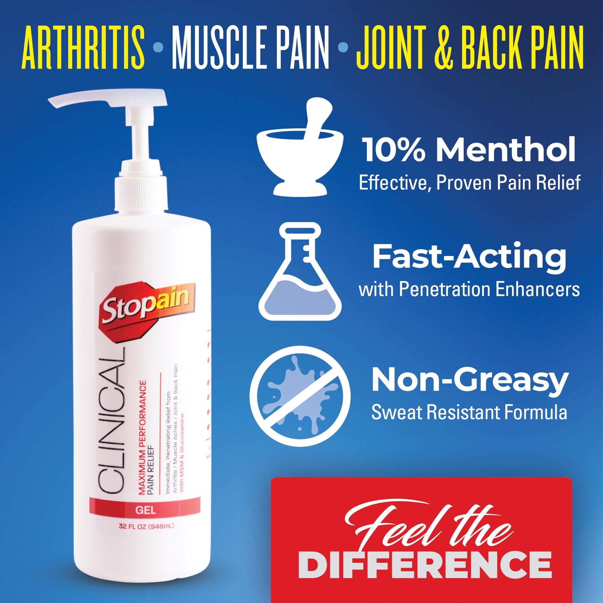 Stopain Clinical Pain Relief Gel 32 oz - Professional Formula for Arthritis, Knee, Back & Muscle Pain - Maximum Strength Gel for Joint & Nerve Pains with 10% Menthol Plus Glucosamine - Made in USA Stopain buy supplements canada