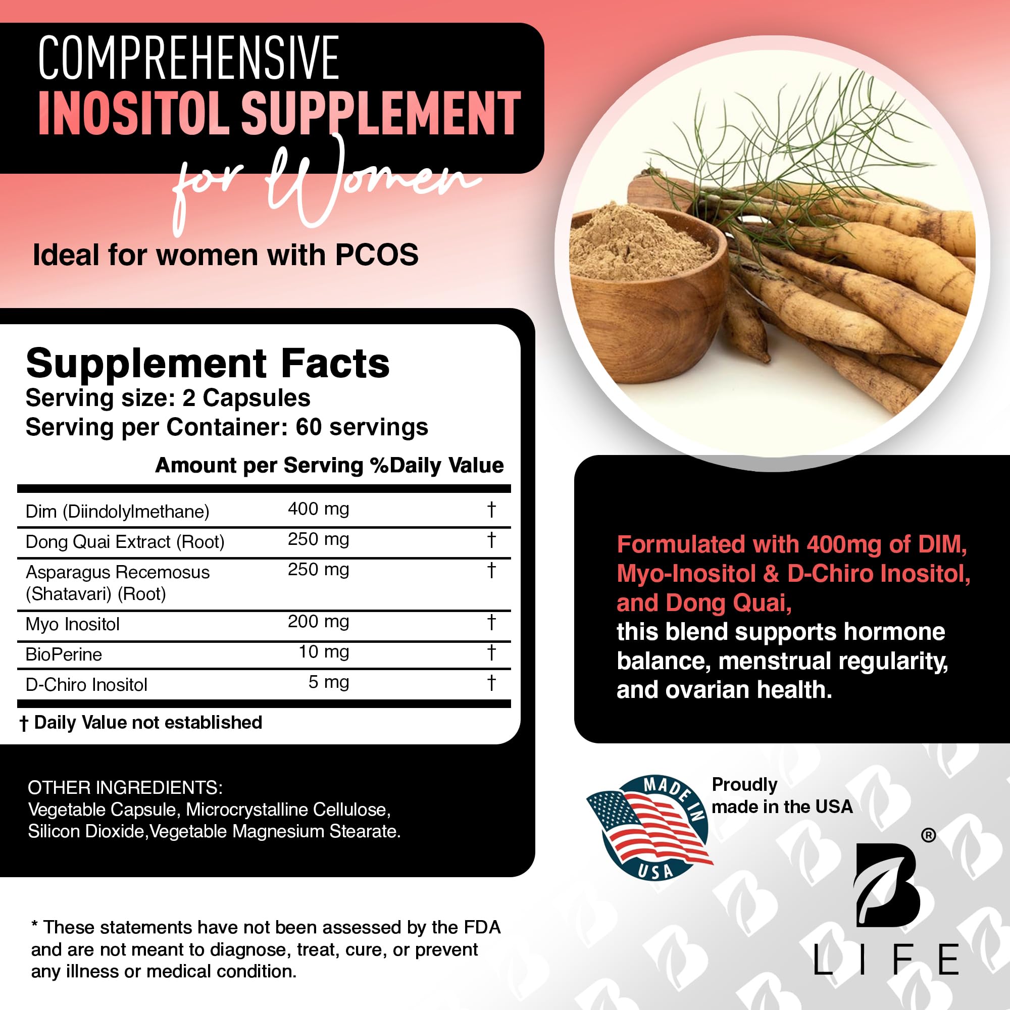 B Life Company DIM Supplement 400 mg with Myo & D-Chiro Inositol, Dong Quai – Hormone Balance for Women – Fertility Supplements – Inositol Supplement - 120 Caps B Life Company buy supplements canada