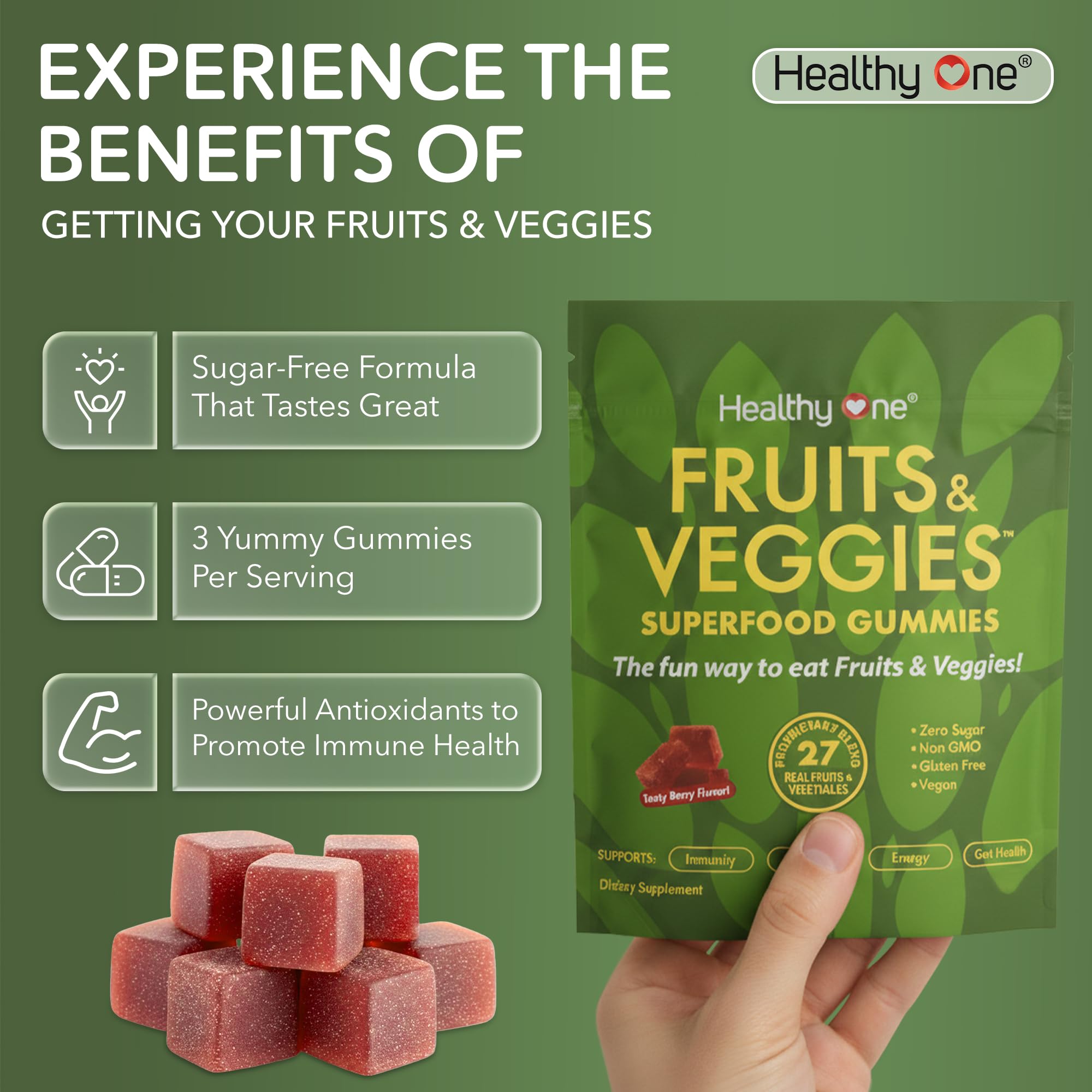 Fruits & Veggies Sugar-Free Gummies - 27 Whole Foods - Equals 3 Servings of Fruits & Vegetables - Improve Energy, Focus & Immune Function - Fiber - Antioxidants - Organic Ingredients - 28 Packets Healthy One buy supplements canada