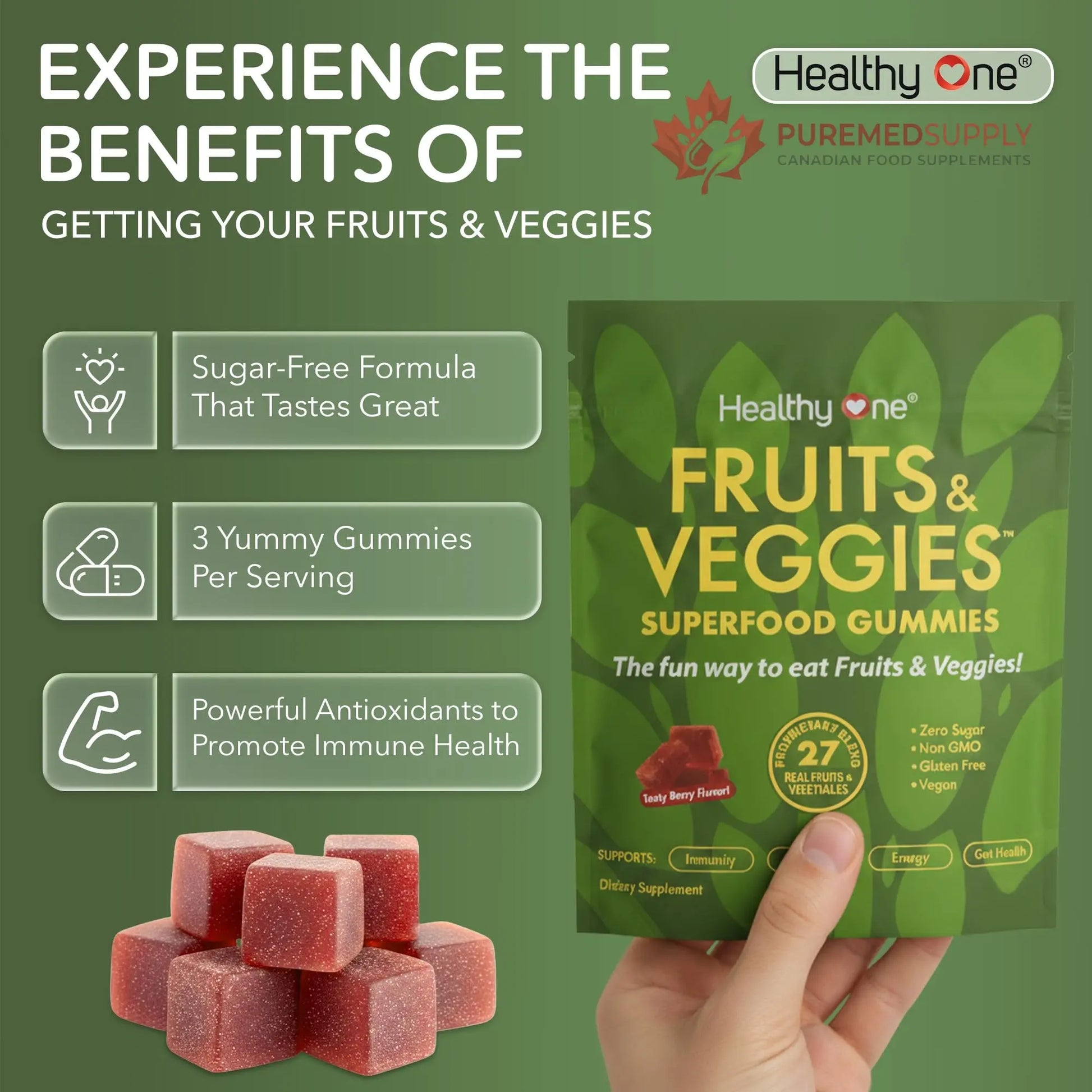Fruits & Veggies Sugar-Free Gummies - 27 Whole Foods - Equals 3 Servings of Fruits & Vegetables - Improve Energy, Focus & Immune Function - Fiber - Antioxidants - Organic Ingredients - 14 Packets Healthy One buy supplements canada