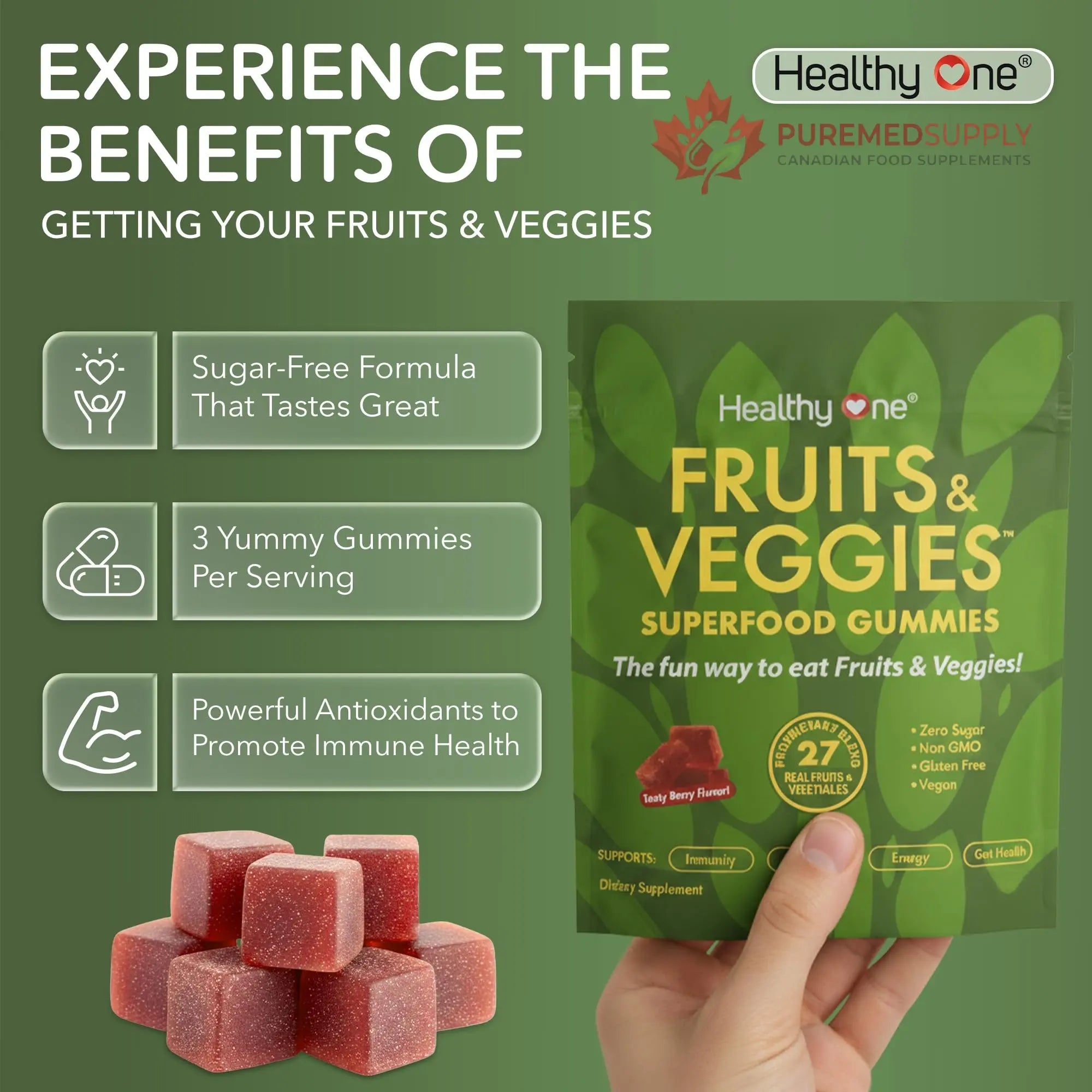 Fruits & Veggies Sugar-Free Gummies - 27 Whole Foods - Equals 3 Servings of Fruits & Vegetables - Improve Energy, Focus & Immune Function - Fiber - Antioxidants - Organic Ingredients - 14 Packets Healthy One buy supplements canada