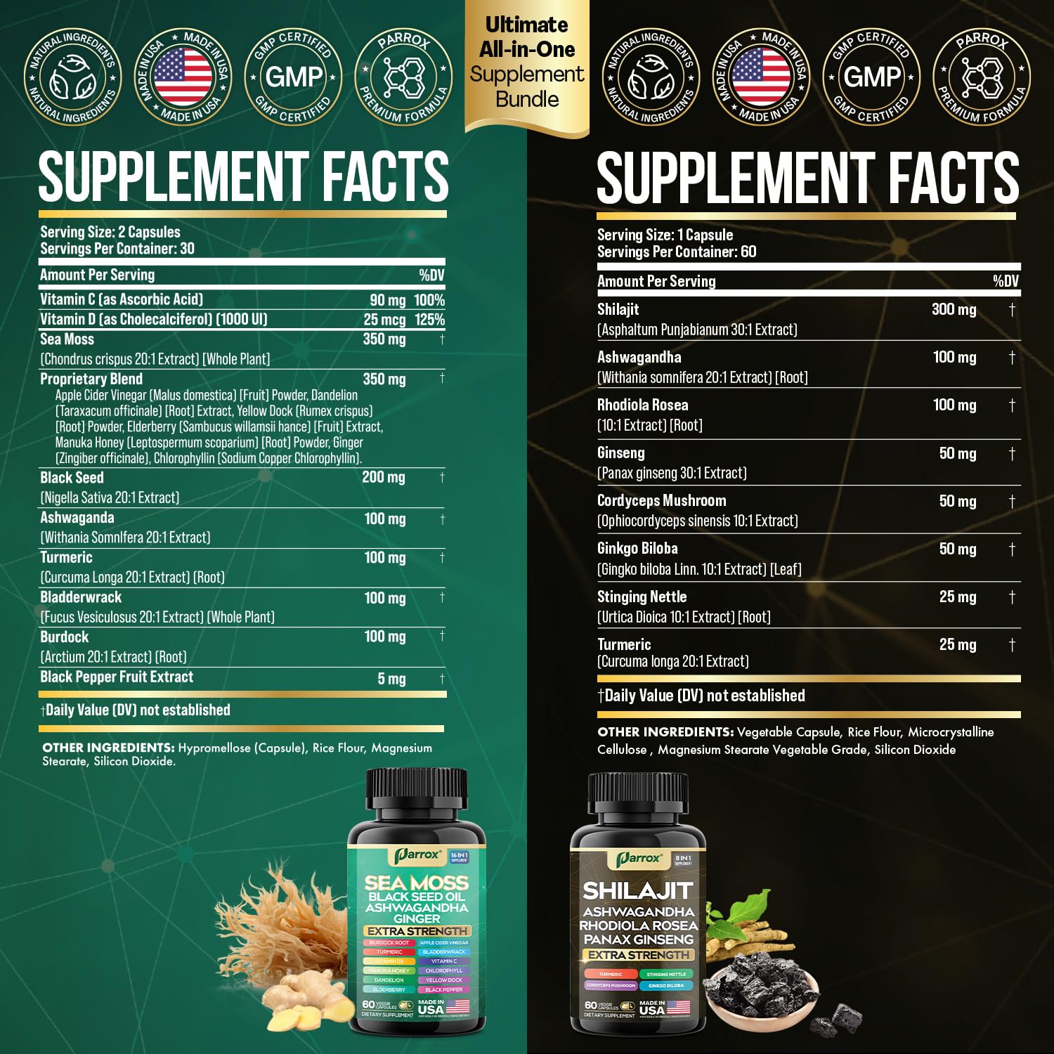 Parrox Shilajit and Sea Moss Bundle, Sea Moss 350mg, Black Seed Oil 200mg, Ashwagandha 100mg, Turmeric, Shilajit 300mg, Rhodiola Rosea 100mg, Panax Ginseng 50mg, Dynamic Vitality Bundle (2 Pack) Parrox buy supplements canada