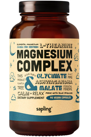 Magnesium Glycinate Complex Supplement - Chelated Magnesium Glycinate with Malate, Organic Ashwagandha, L-theanine & Blue Spirulina - High Absorption, Vegan, Non-GMO, 300mg, 90 Veggie Caps sapling buy supplements canada