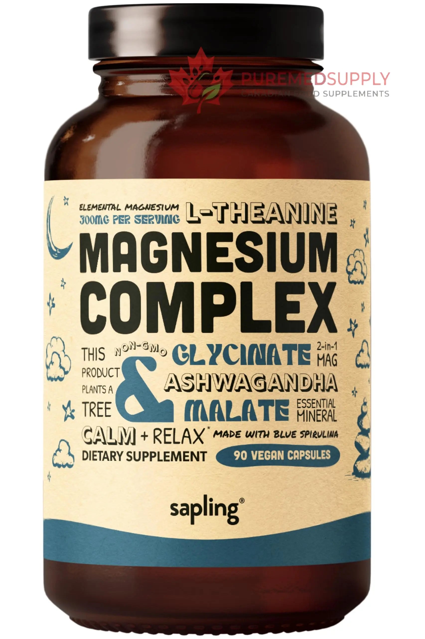 Magnesium Glycinate Complex Supplement - Chelated Magnesium Glycinate with Malate, Organic Ashwagandha, L-theanine & Blue Spirulina - High Absorption, Vegan, Non-GMO, 300mg, 90 Veggie Caps sapling buy supplements canada