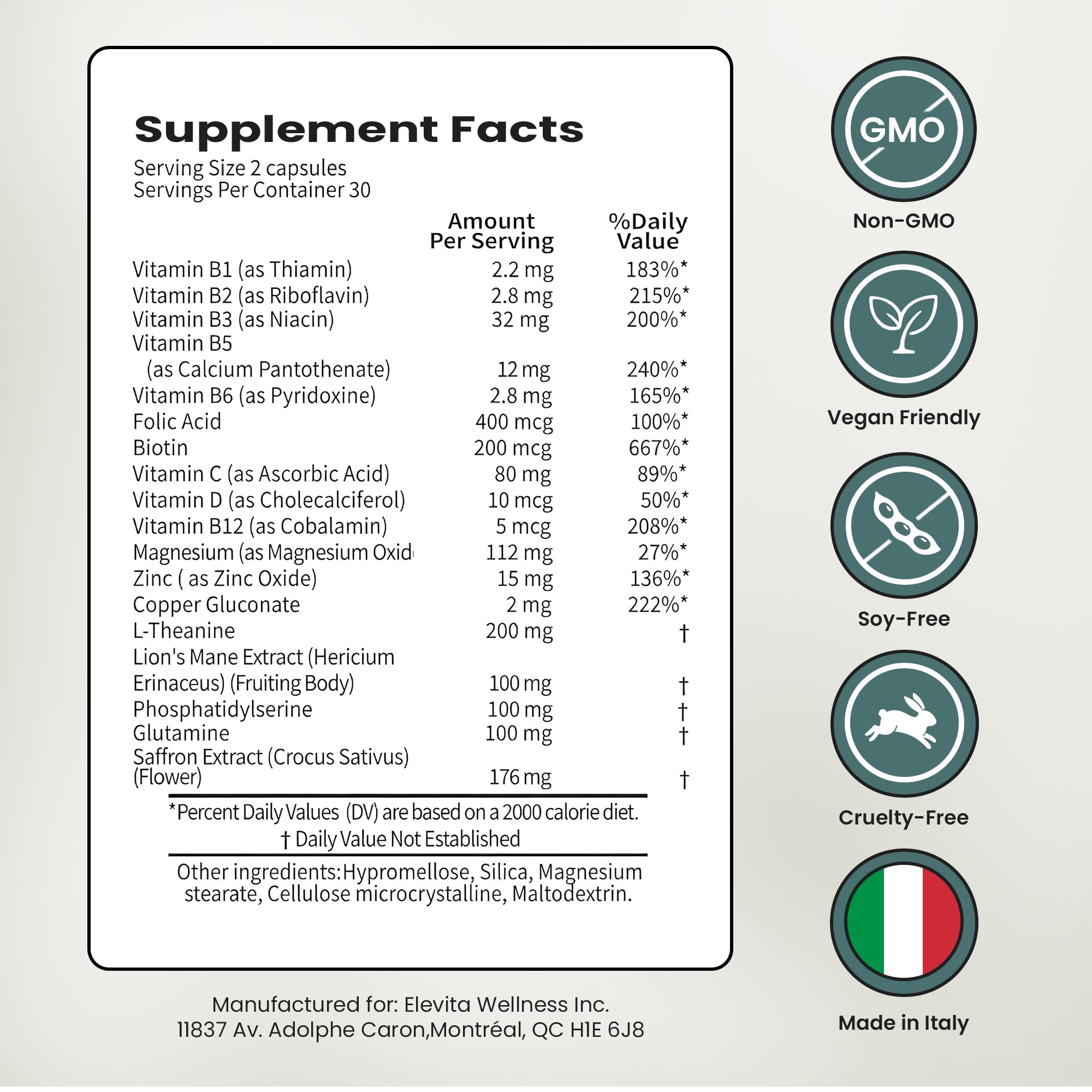 ELEVITA WELLNESS Focus Supplement (Made in Italy) | Premium Blend with L-Theanine, Lion's Mane & B Vitamins, Saffron and Vitamin D | Focus & Cognitive Support for Men & Women ELEVITA WELLNESS buy supplements canada