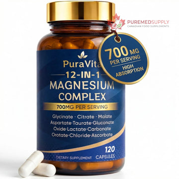Puravita 12 in 1 Magnesium, Magnesium Complex for Women Men, 700mg High Absorption, Glycinate, Citrate, Malate, Oxide, Taurat, Relaxation & Energy Support, Vegan 120 Capsules (A) PURAVITA buy supplements canada