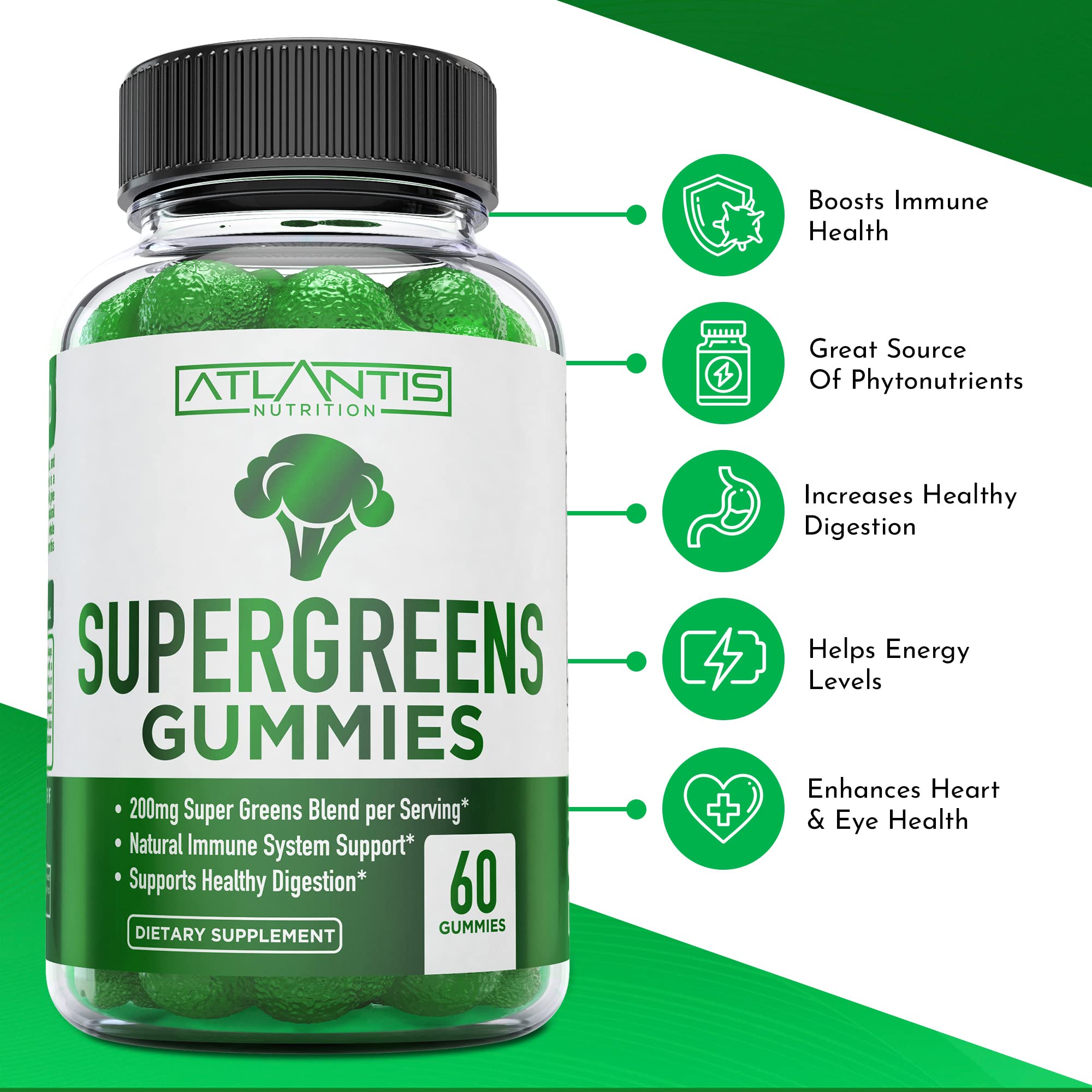Atlantis Nutrition Supergreens Gummies - Daily Green Superfoods Supplement with Spinach, Broccoli, Moringa, Beet Root, Celery, Green Tea, & Acai for Immunity Support - Natural Raspberry Flavor, 60 cnt Atlantis Nutrition buy supplements canada