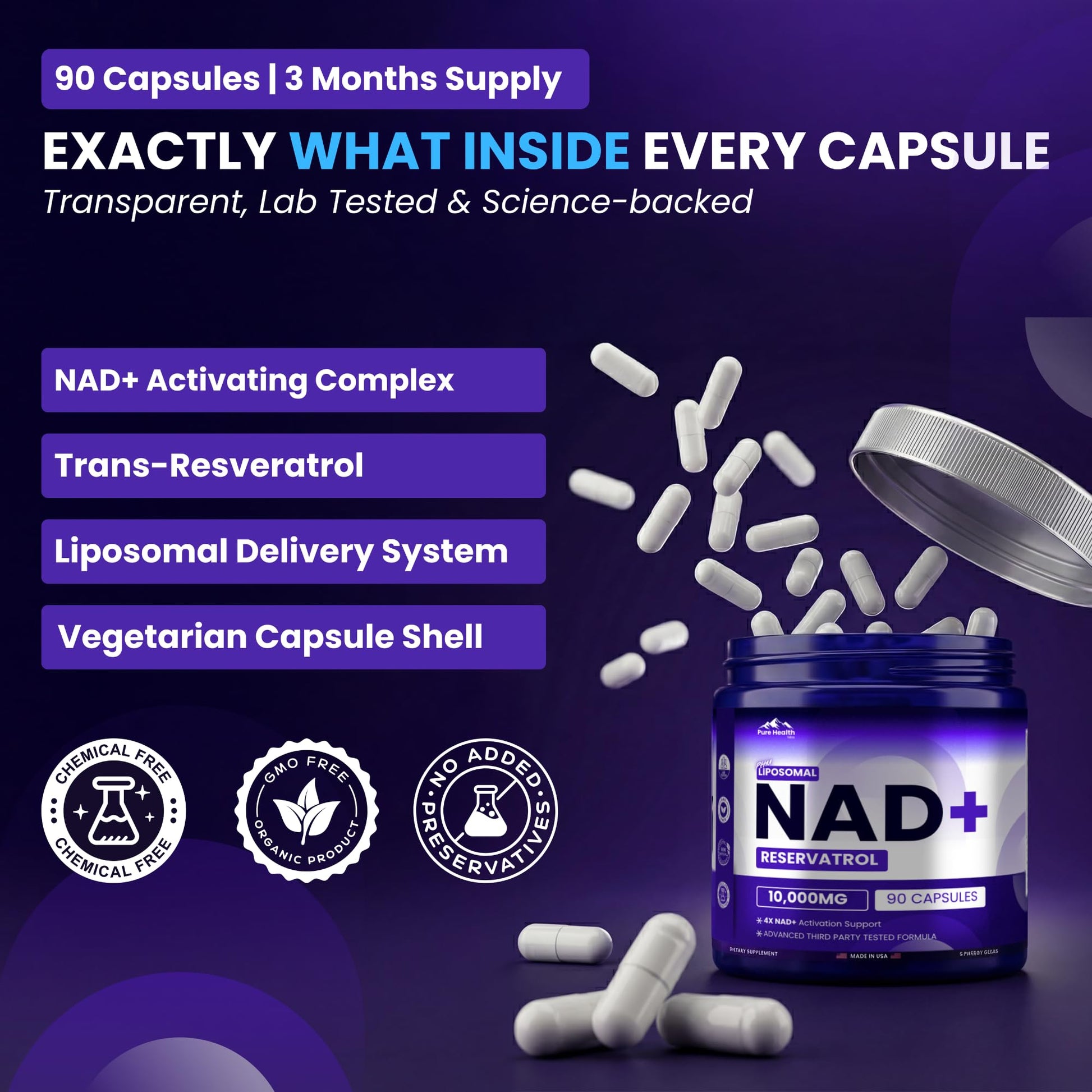 PURE HEALTH MAX PHM NAD Resveratrol Supplement - 10,000MG Extra Strength | NAD+ Liposomal Supplements for Men and Women | NMN & NMNH Alternative | 90 Capsules, 1.5 Months Supply PURE HEALTH MAX buy supplements canada