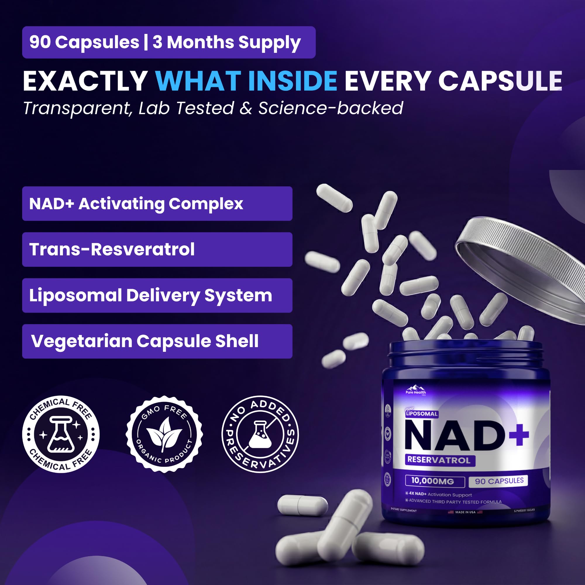 PURE HEALTH MAX PHM NAD Resveratrol Supplement - 10,000MG Extra Strength | NAD+ Liposomal Supplements for Men and Women | NMN & NMNH Alternative | 90 Capsules, 1.5 Months Supply PURE HEALTH MAX buy supplements canada