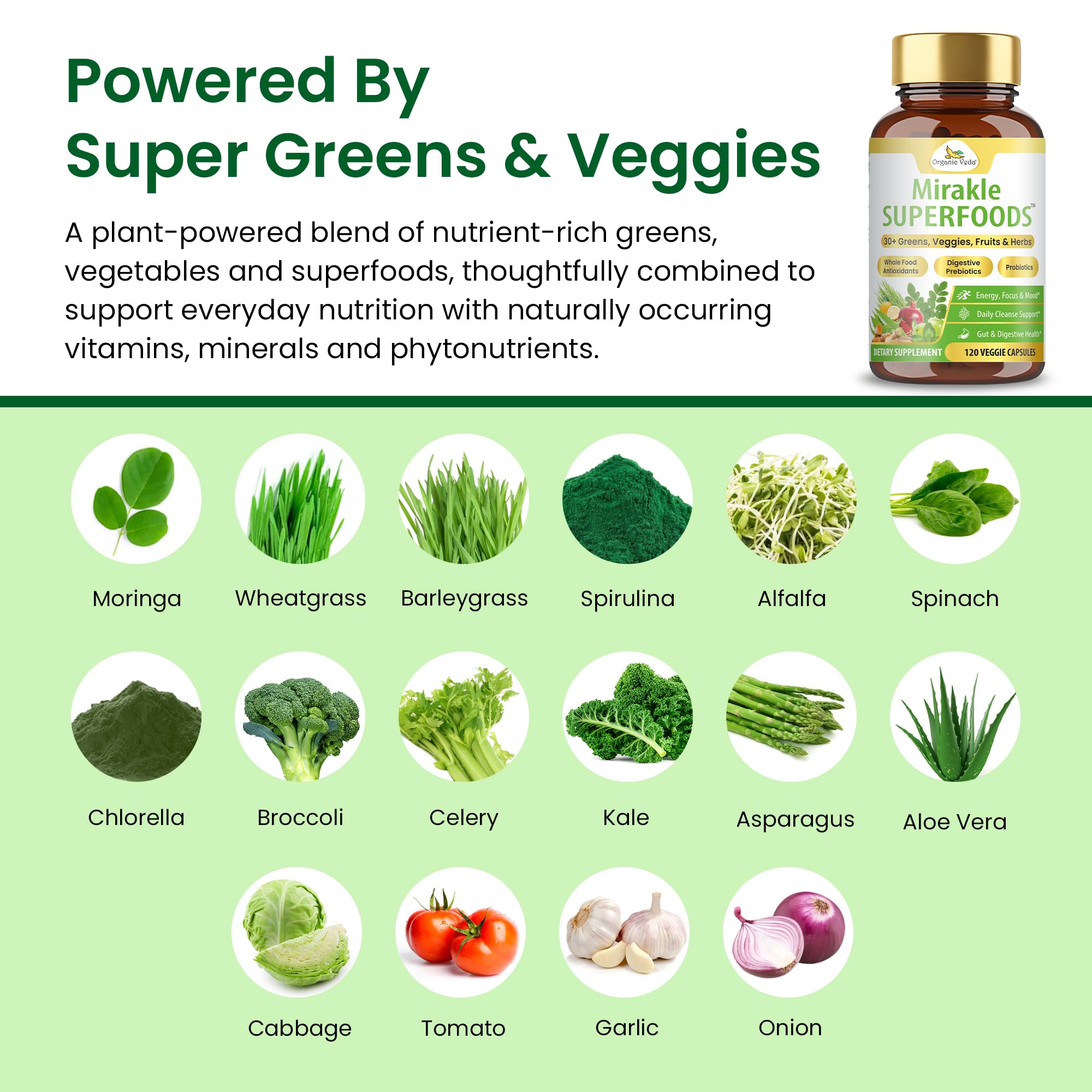 Organic Veda Mirakle Superfoods Greens Capsules - 30+ Daily Greens and Veggies Supplement with Moringa, Spirulina, Chlorella, Turmeric & Herbs, Antioxidants, Resveratrol, Probiotics - 120 Capsule Organic Veda buy supplements canada