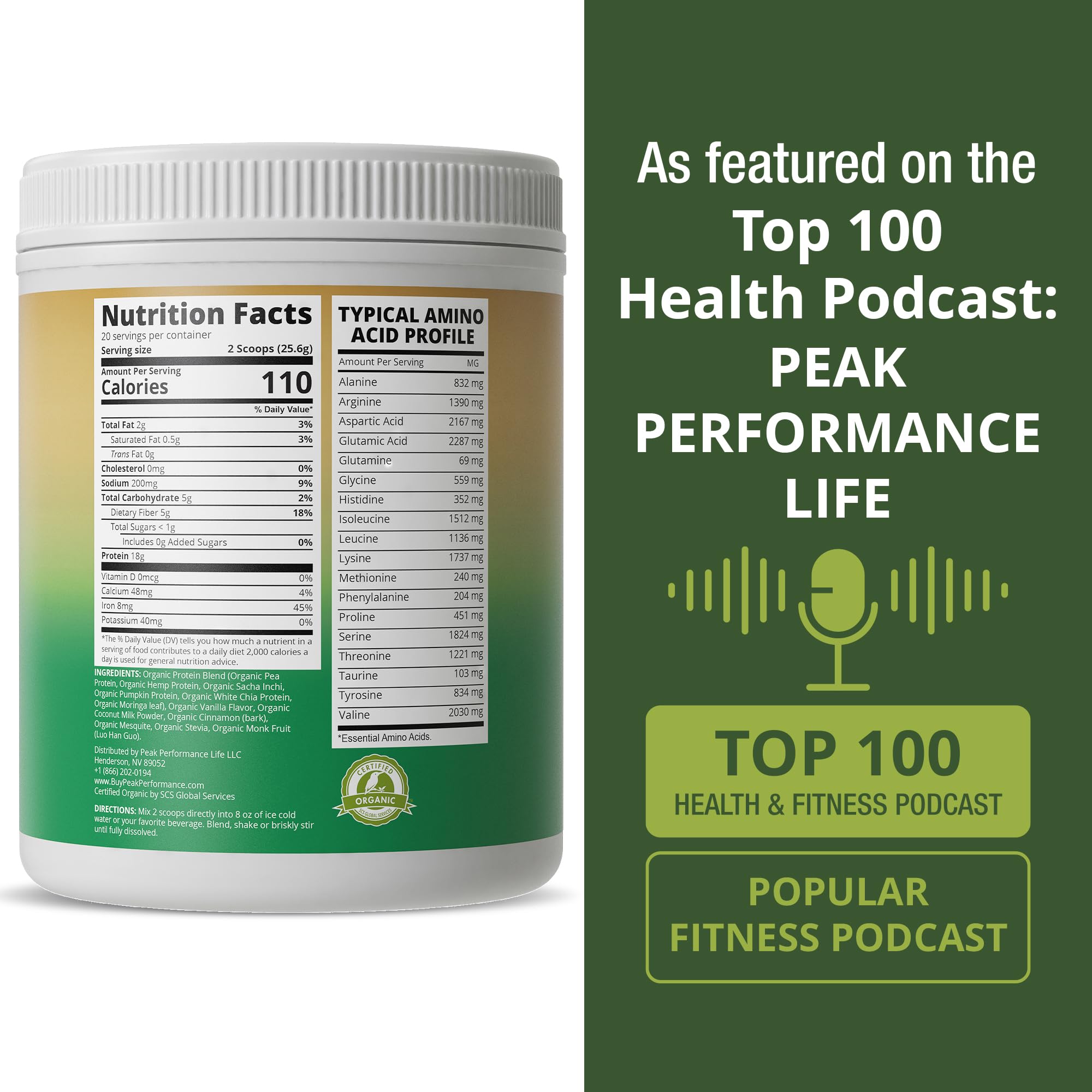 Peak Performance Organic Paleo Grain Free Plant Based Raw Vegan Protein Powder. Amazing Amino Acid Profile and Less Than 1g of Sugar. with Hemp and Pea Protein Vanilla Flavored Peak Performance buy supplements canada