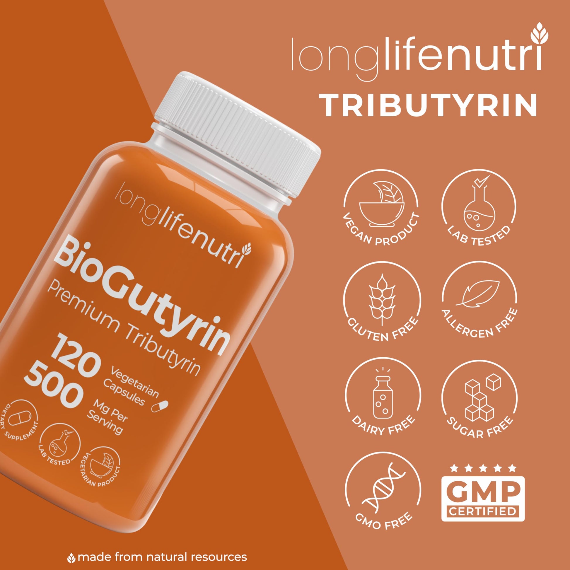 BioGutyrin – Tributyrin 500mg, Postbiotic Supplement for Gut Function & Nutrient Absorption, 120 Vegetarian Capsules, Butyric Acid for Butyrate Production, 4-Month Supply, GMP Certified, Made in USA LongLifeNutri buy supplements canada