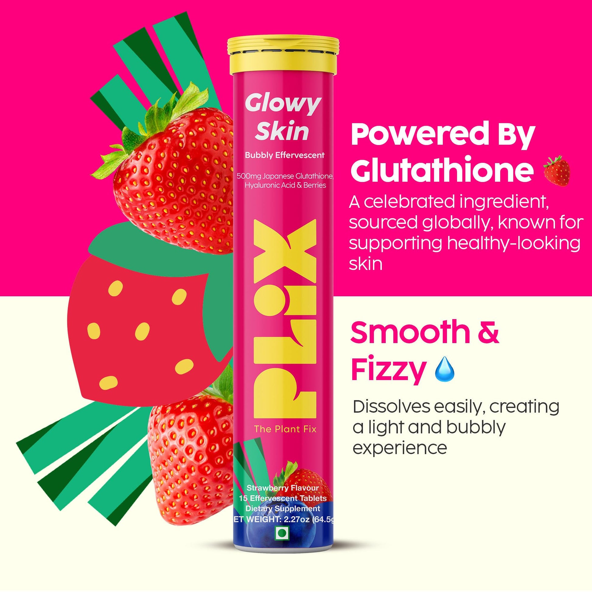 PLIX Glowy Skin 500mg Glutathione Supplement with Hyaluronic Acid, Vitamin C, E & Berries | 30 Effervescent Tablets, Strawberry Flavor PLIX - THE PLANT FIX buy supplements canada