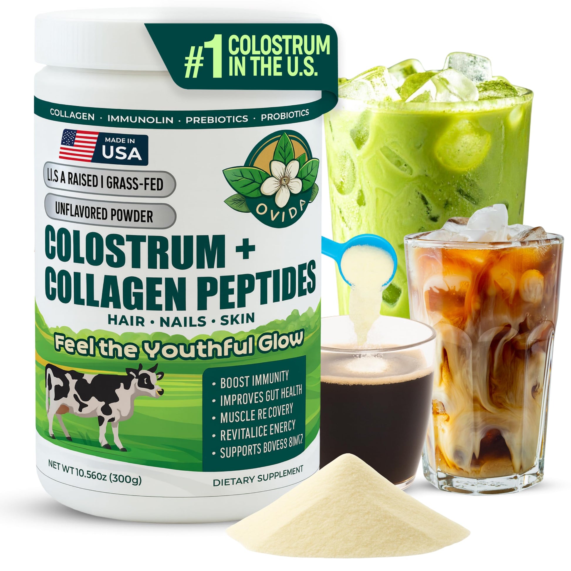 Bovine Colostrum and Hydrolyzed Collagen Peptides Powder Supplement for Women & Men - Supports Gut Health, Joint & Bone Health, Hair Skin Nails - Grass-Fed, Non-GMO, Gluten Free, 300g (30 Servings) OVIDA buy supplements canada